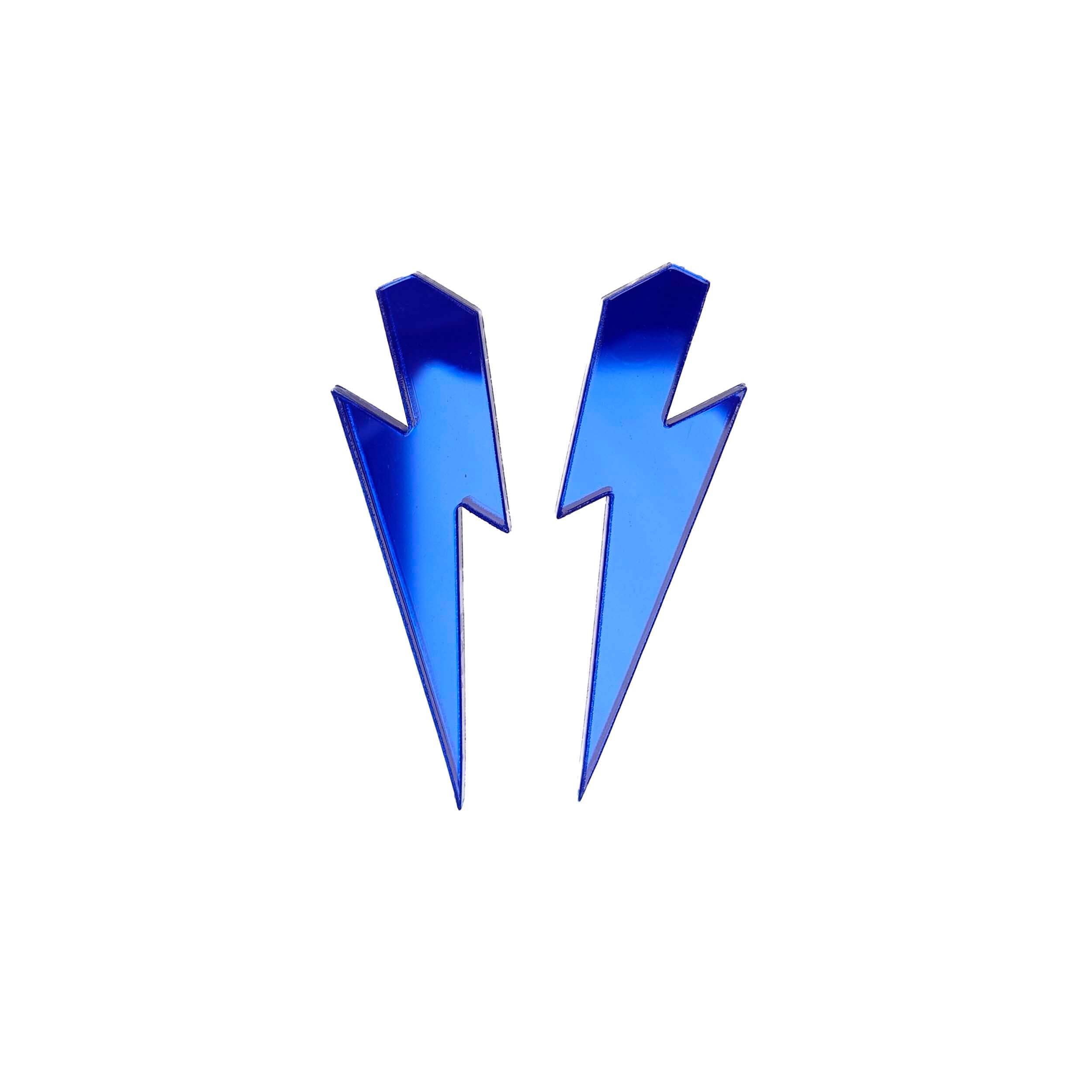 Large Lightning Bolt earrings in electric blue mirror, shown against a white background.