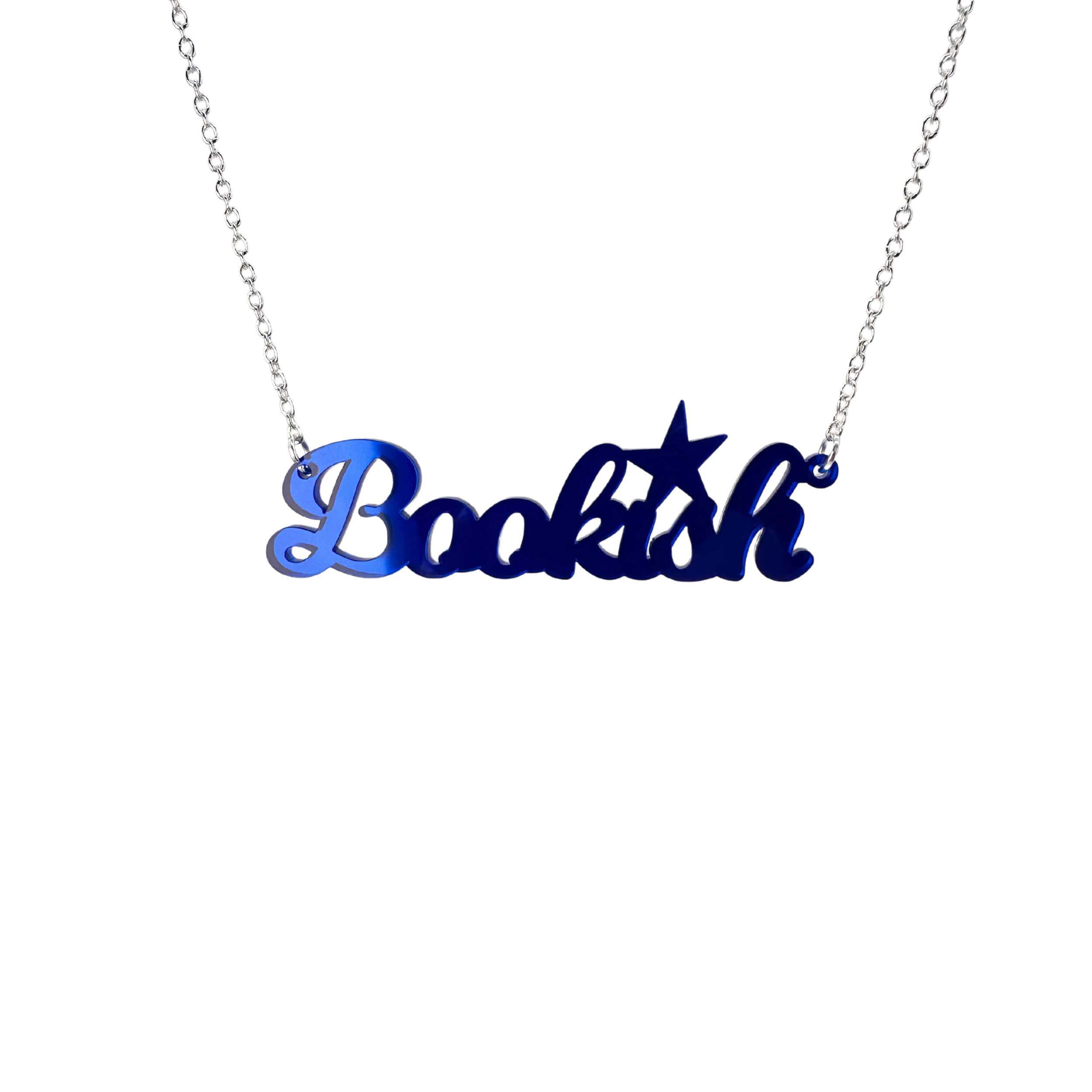 Electric blue mirror Bookish necklace shown on a white background.