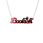 Ruby red mirror bookish necklace shown on a white ackground.