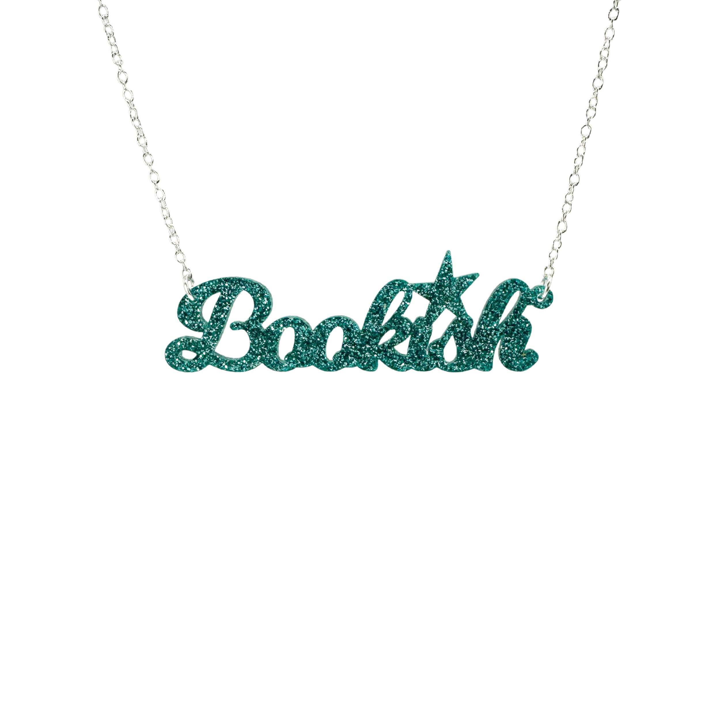 Bookish necklace in teal glitter shown hanging against a white background. For bookish people and book lovers everywhere!