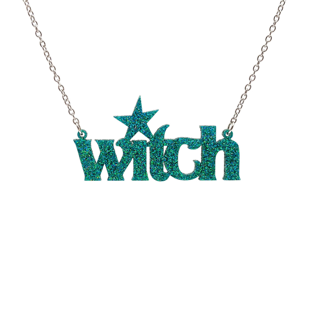 Big WITCH necklace in bright teal glitter, shown hanging on a stainless steel chain in front of a white background.