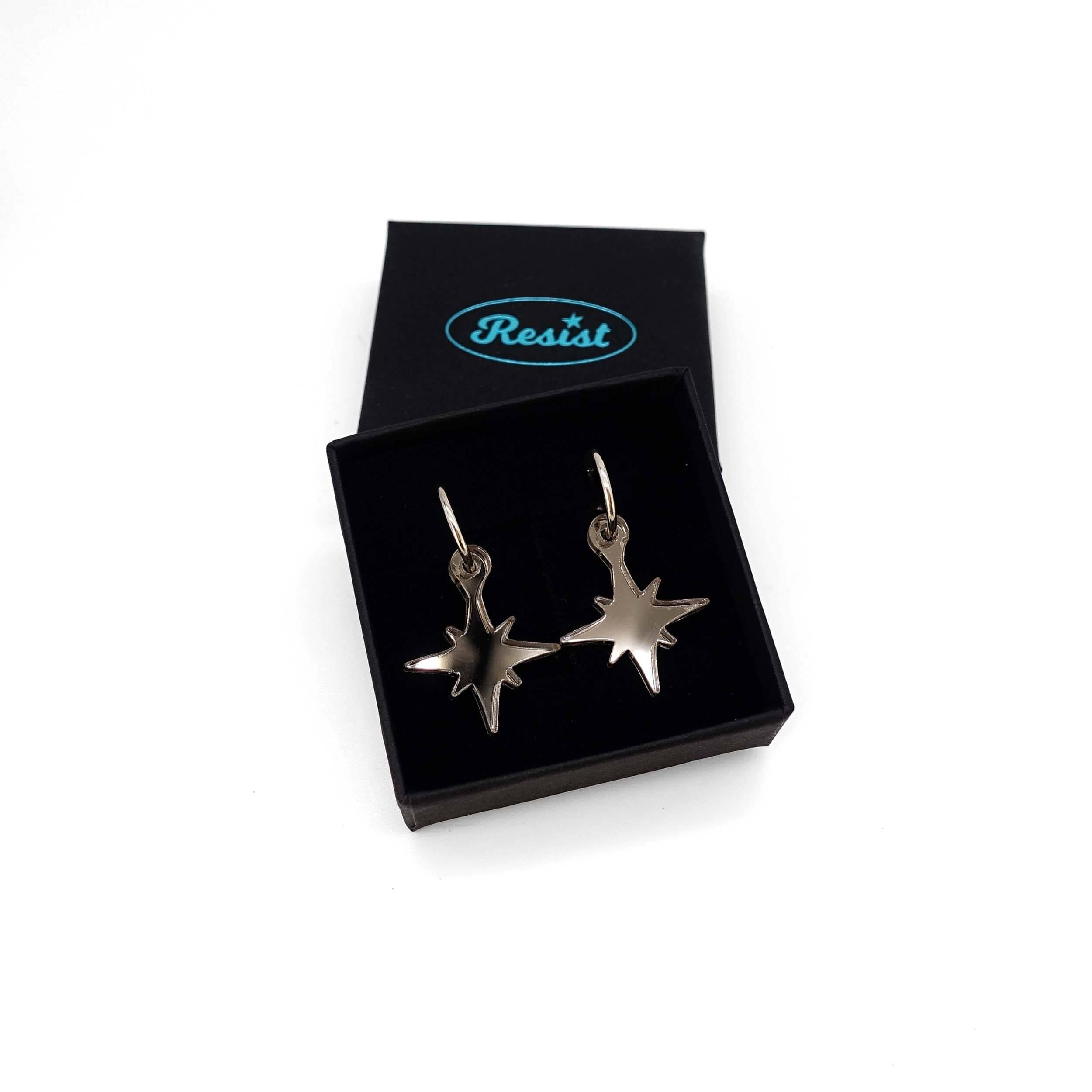 Vintage star earrings in bronze  mirror from the Bronte Collection. Shown in a small Wear and Resist gift box.