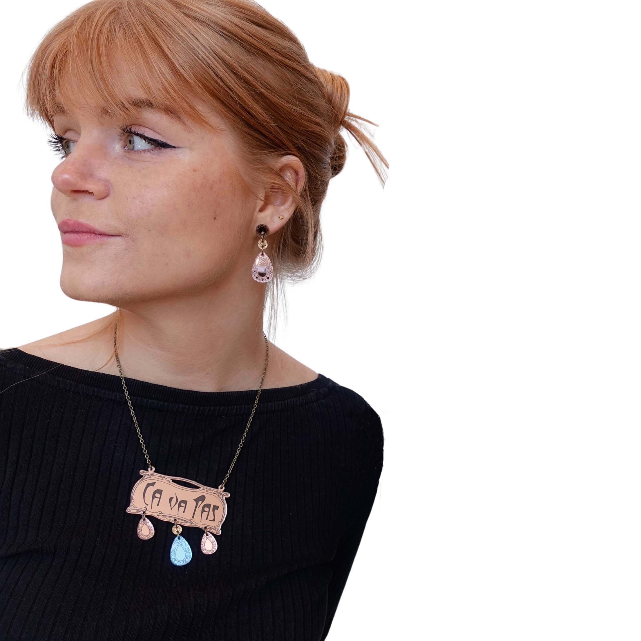 Eliza wears Belle Epoque inspired CA VA PAS necklace with matching rose gold French drop earrings. 