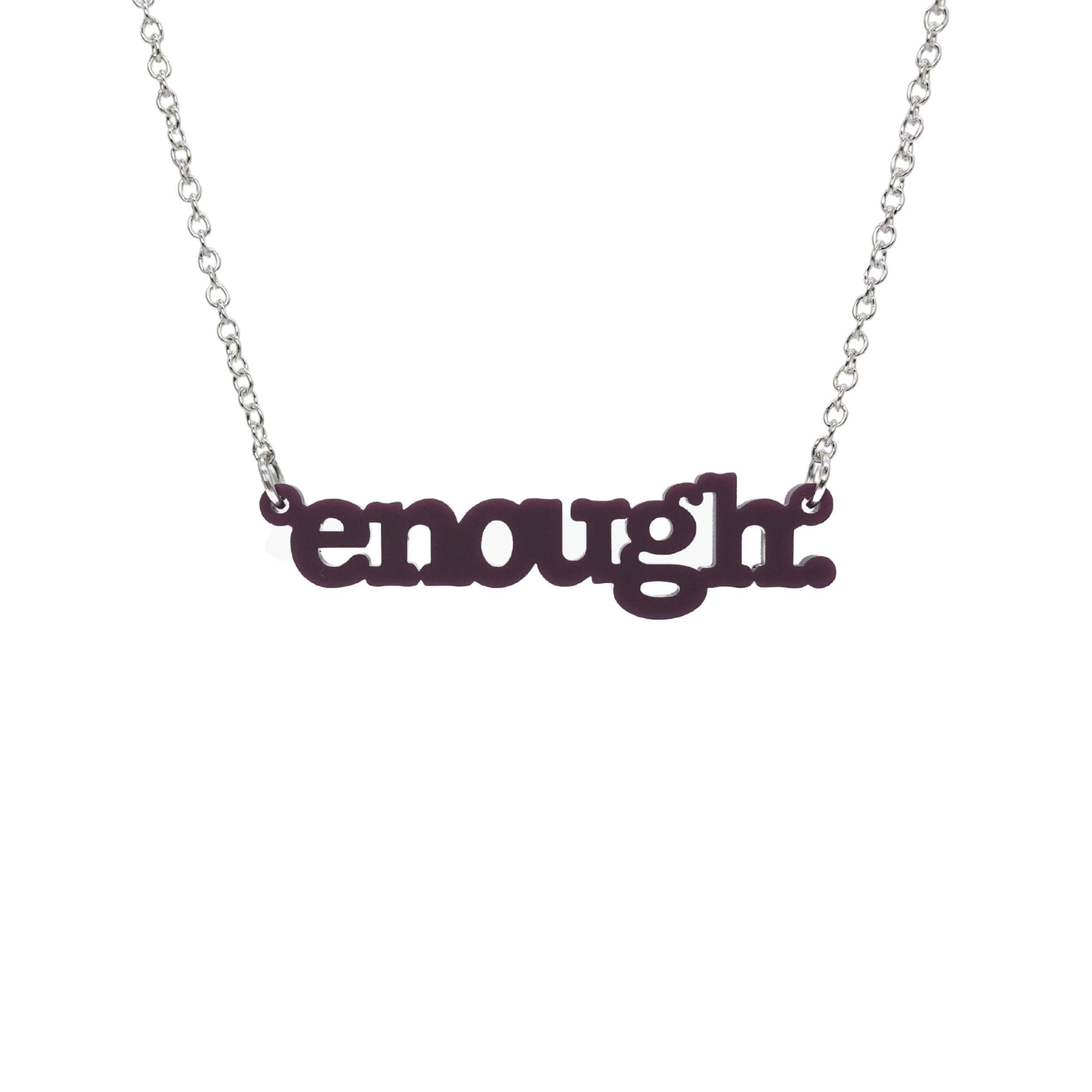 Cassis Enough necklace shown hanging on a silver chain against a white background.