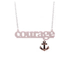 Courage necklace in chalk pink with rose gold dangling anchor etched with the words, 'hold fast,' shown hanging against a white background.