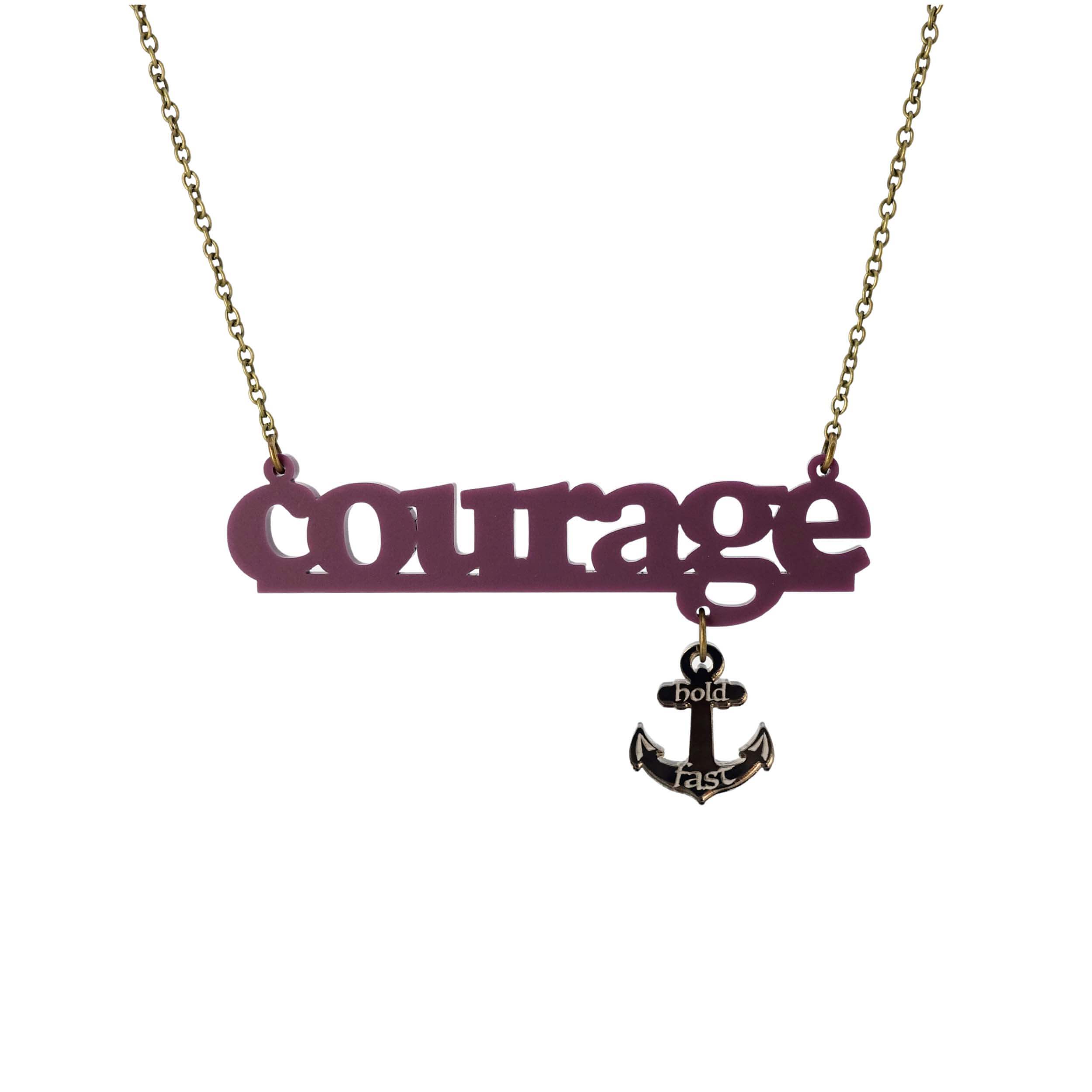 Courage necklace in cassis with bronze dangling anchor etched with the words, 'hold fast,' shown hanging against a white background.