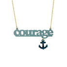 Courage necklace in duck egg green with teal dangling anchor etched with the words, 'hold fast,' shown hanging against a white background.
