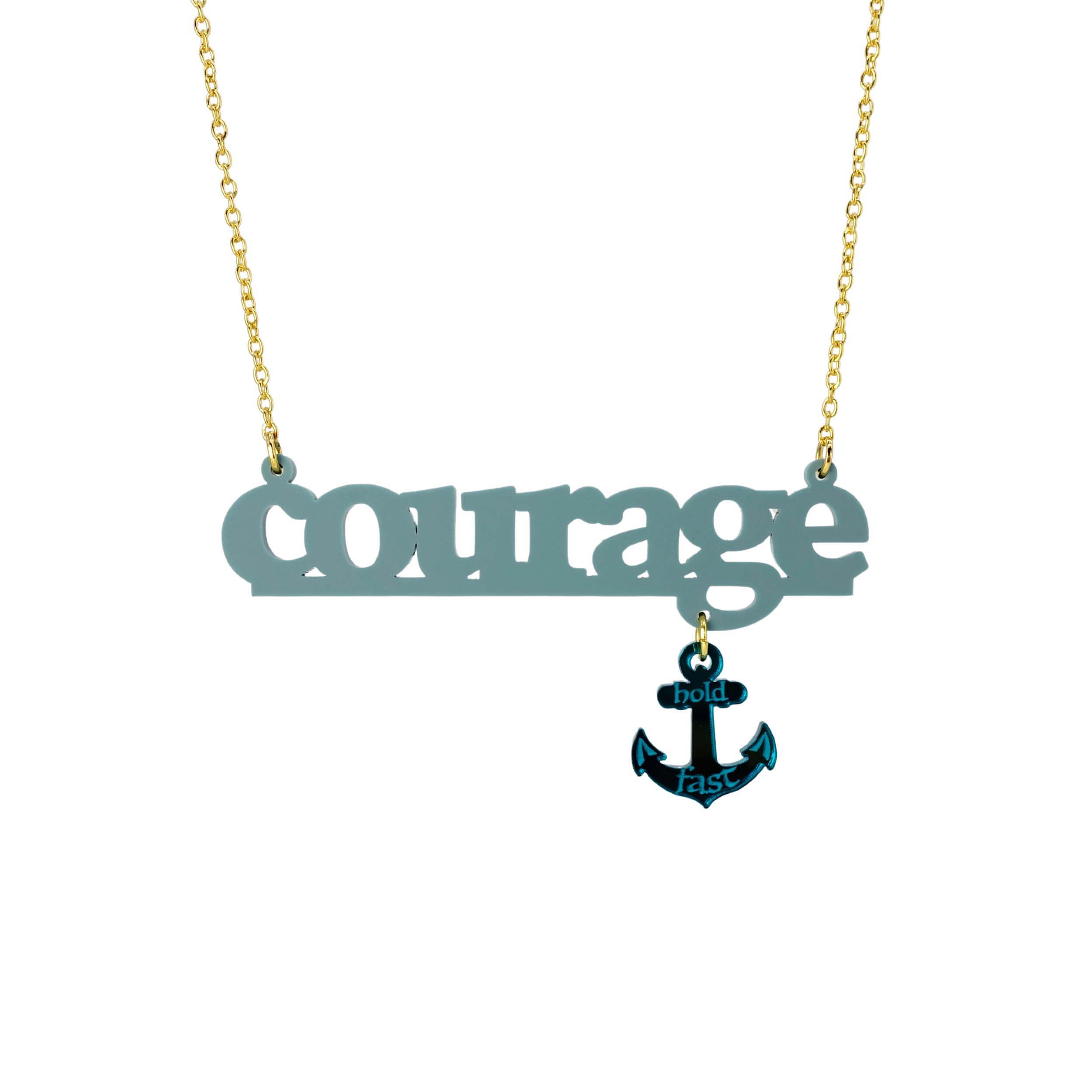 Courage necklace in duck egg green with teal dangling anchor etched with the words, 'hold fast,' shown hanging against a white background.