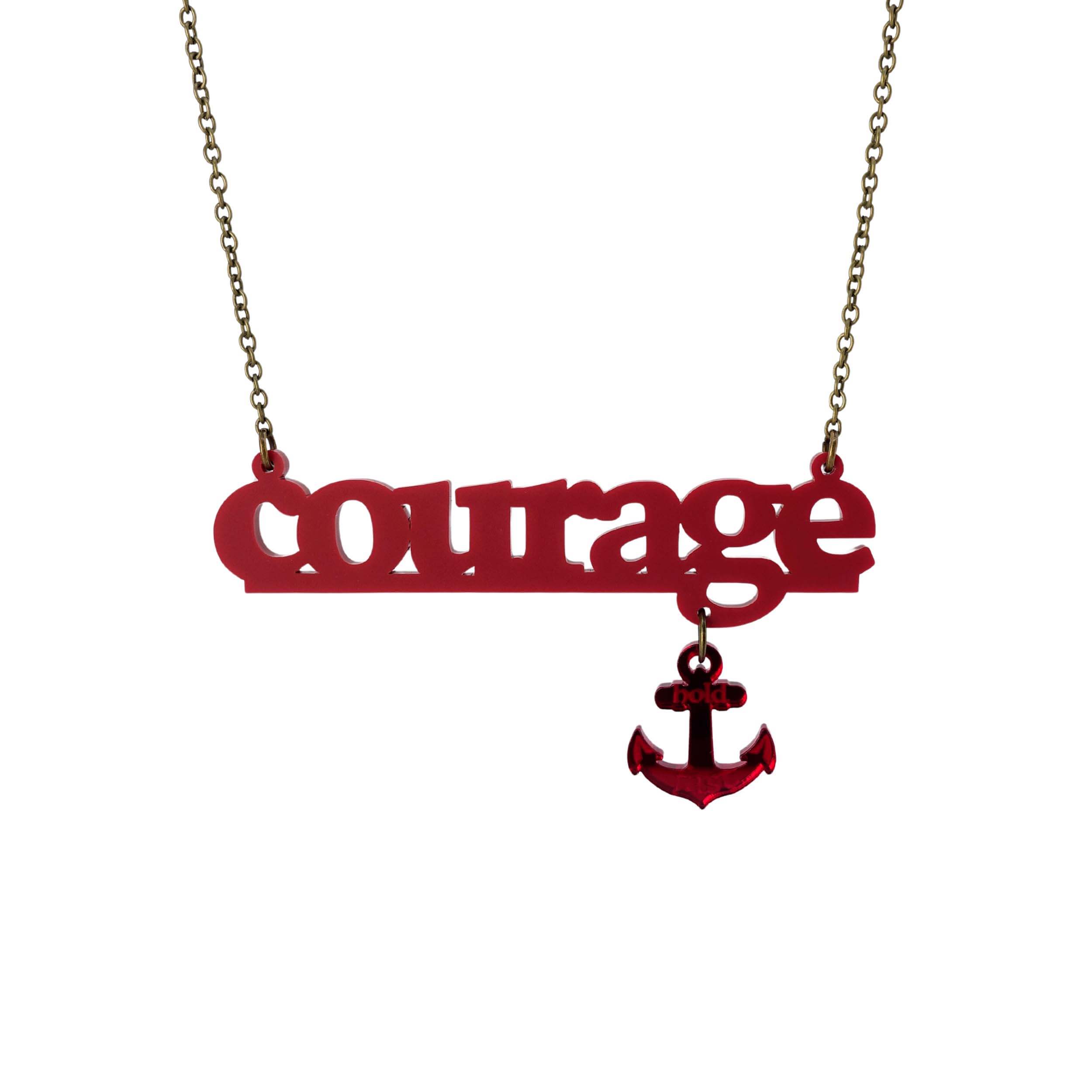 Courage necklace in carmine red with ruby dangling anchor etched with the words, 'hold fast,' shown hanging against a white background.