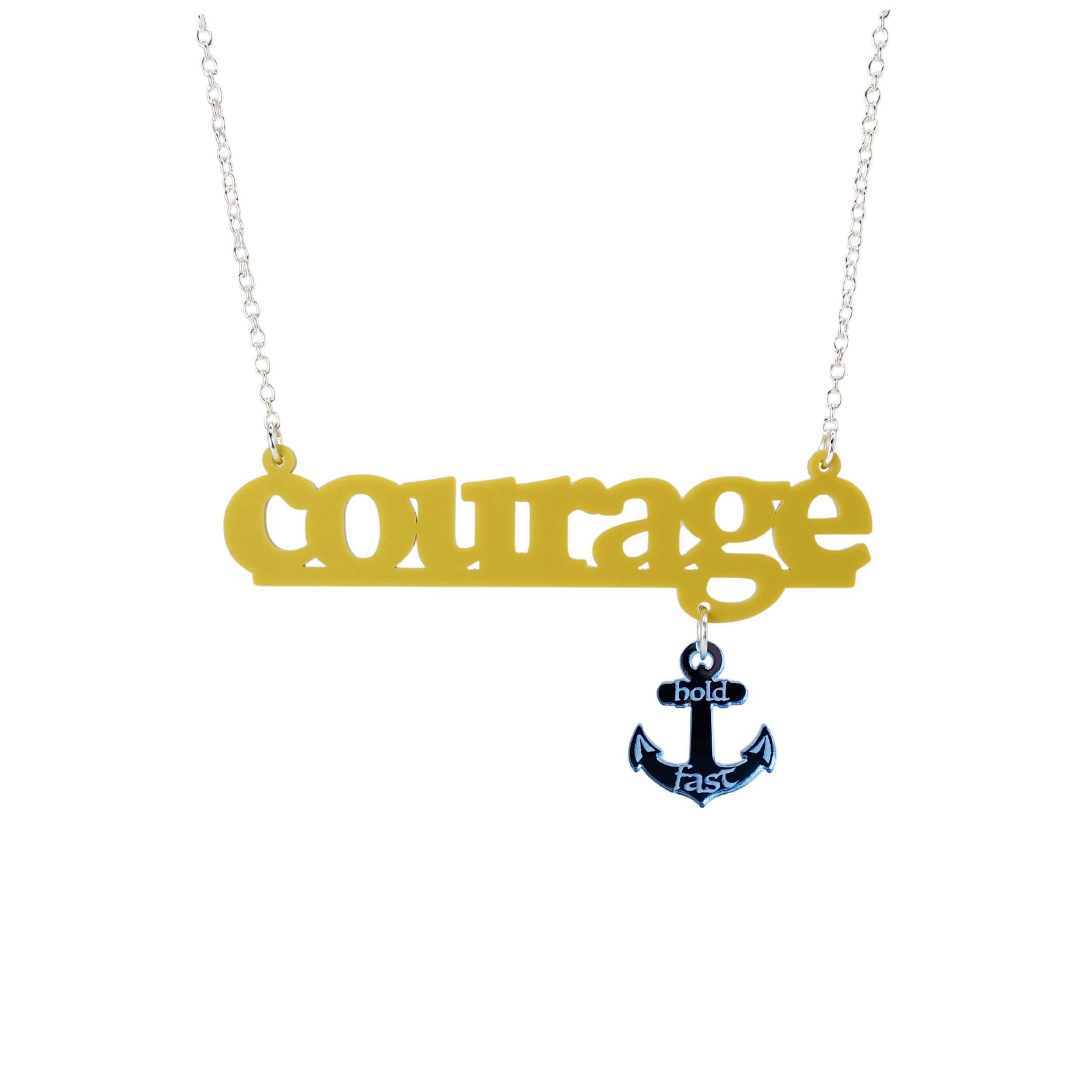 Courage necklace in yellow with sky dangling anchor etched with the words, 'hold fast,' shown hanging against a white background.