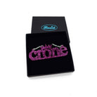 Crone necklace in purple glitter, shown in a Wear and Resist gift box.