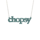 Duck egg green Chopsy necklace shown hanging against a white backround.