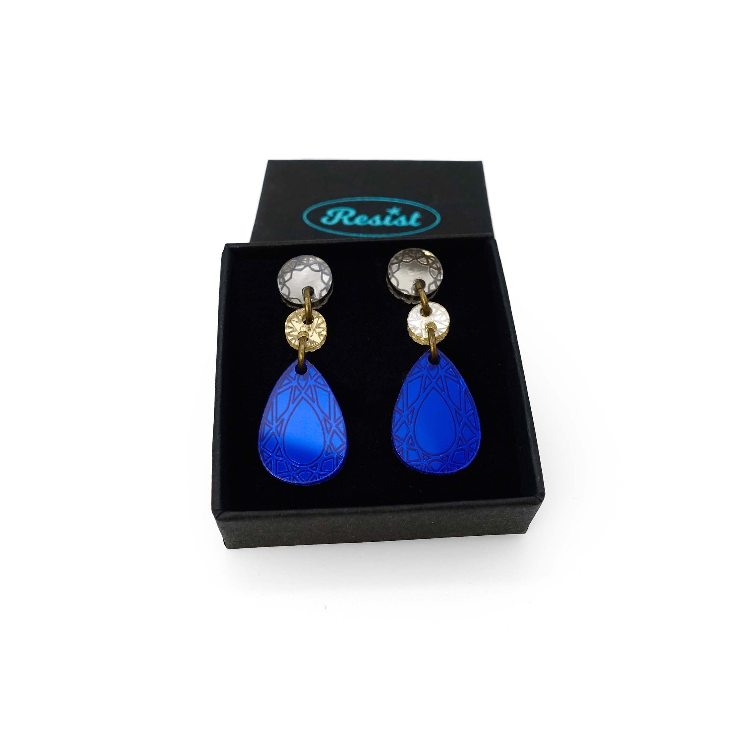 Small Belle Époque french drop earrings in electric blue. Shown in a small Wear and Resist gift box.
