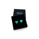 Electric green mirror small heart earrings, shown in a small Wear and Resist gift box.