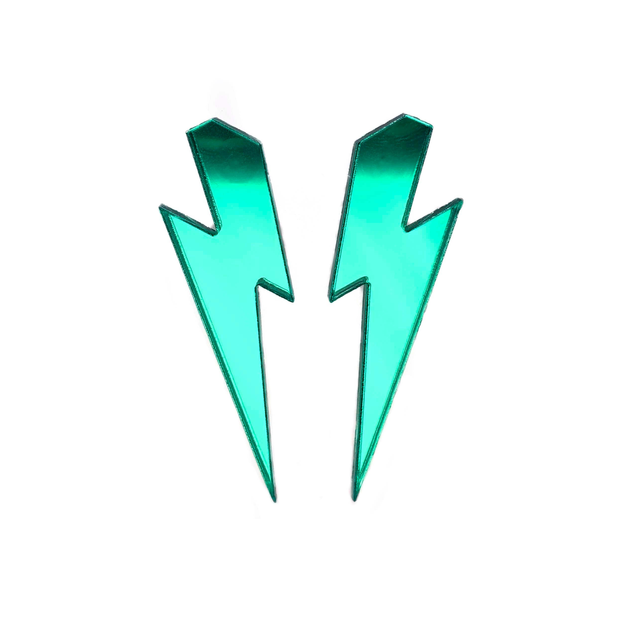 Large Lightning Bolt earrings in electric green mirror, shown against a white background.