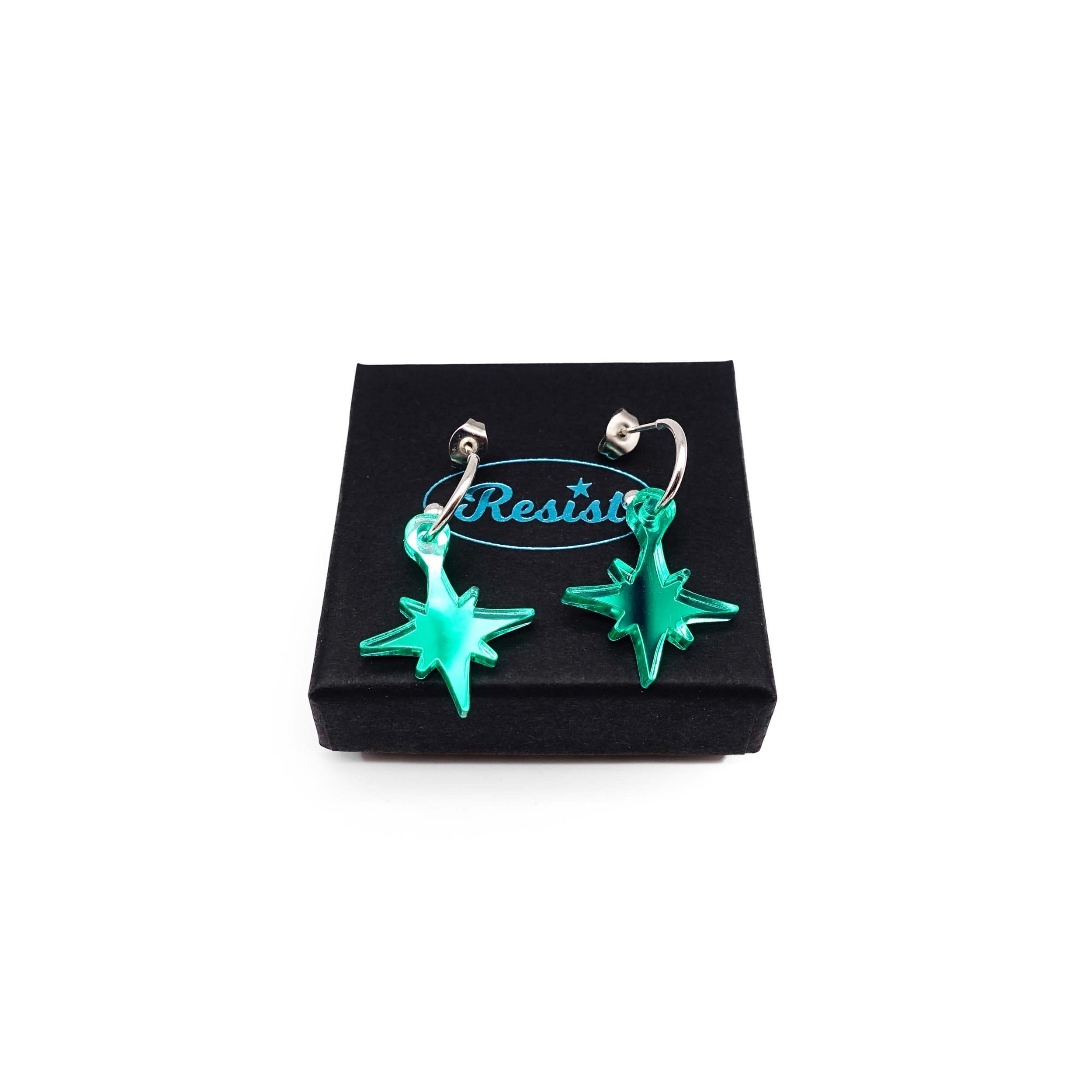 Electric green mirror limited edition Festive Vintage Star earrings, shown on a Wear and Resist gift box.