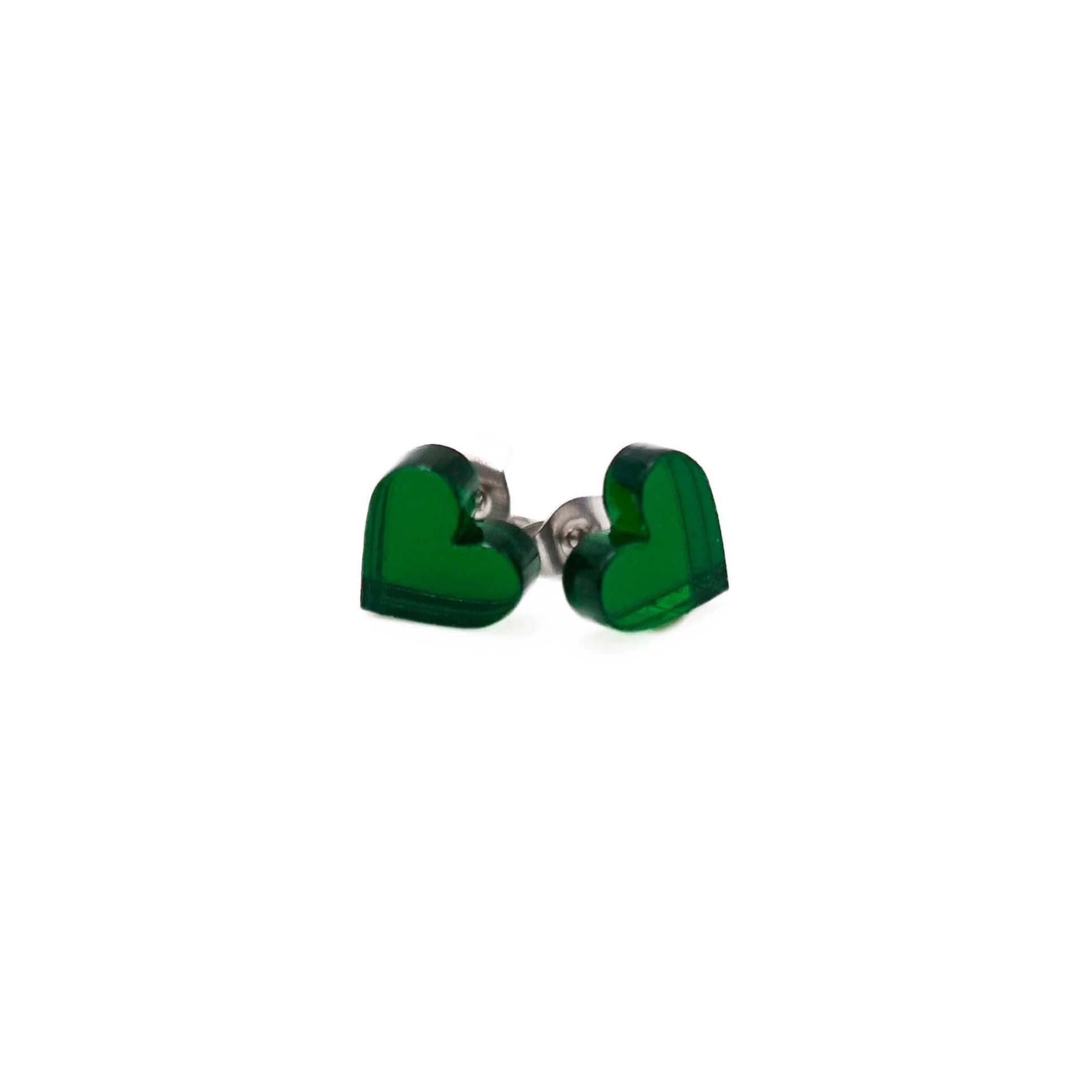Small heart earrings in envy green mirror, shown against a white background.
