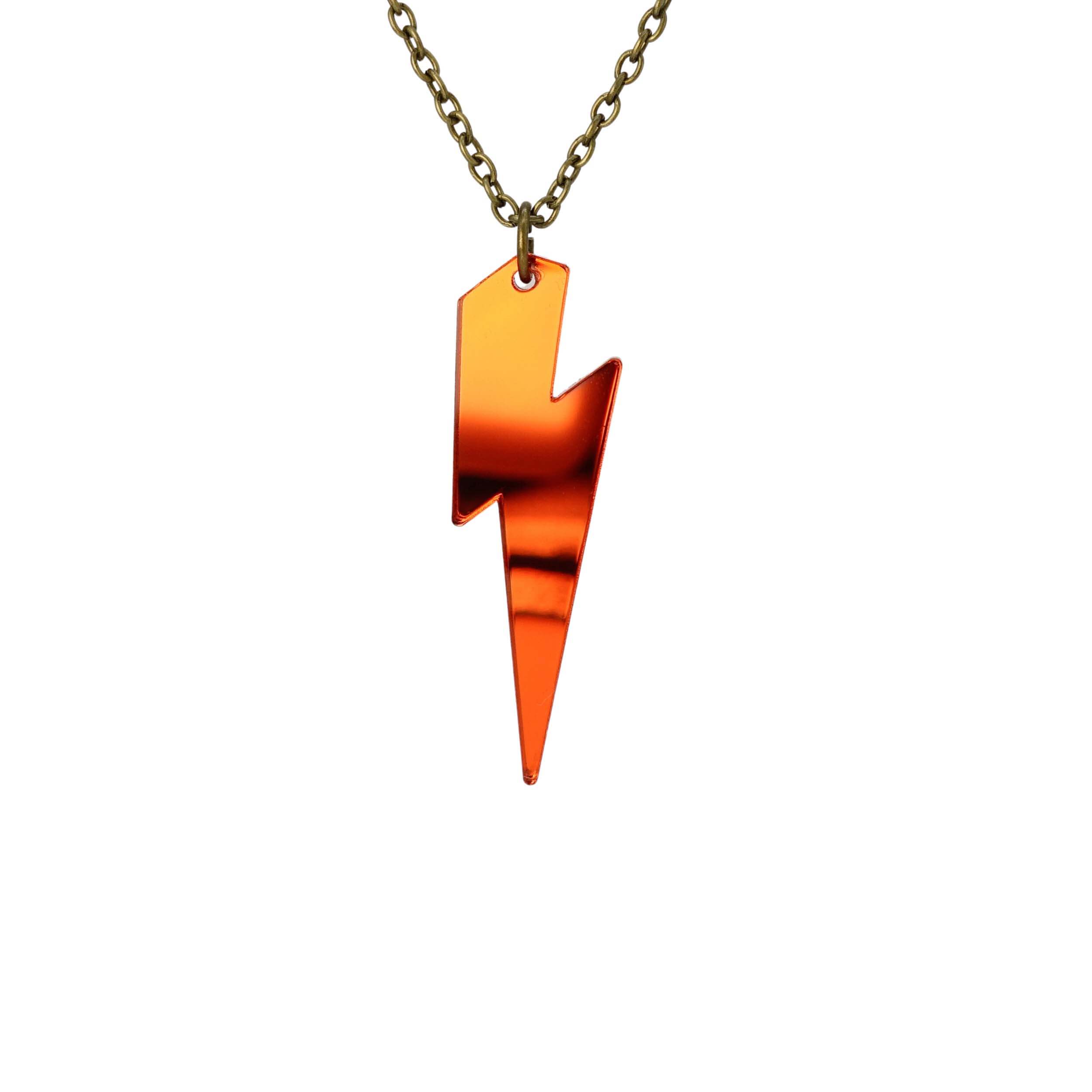 Flame Lightning Bolt necklace shown hanging against a white background.