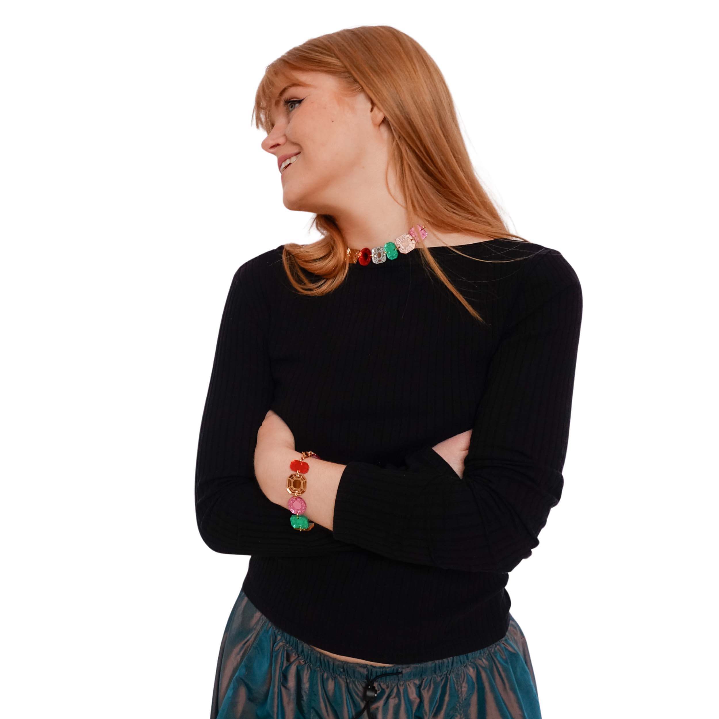 Eliza wears the Funky Jewel choker and matching bracelet.