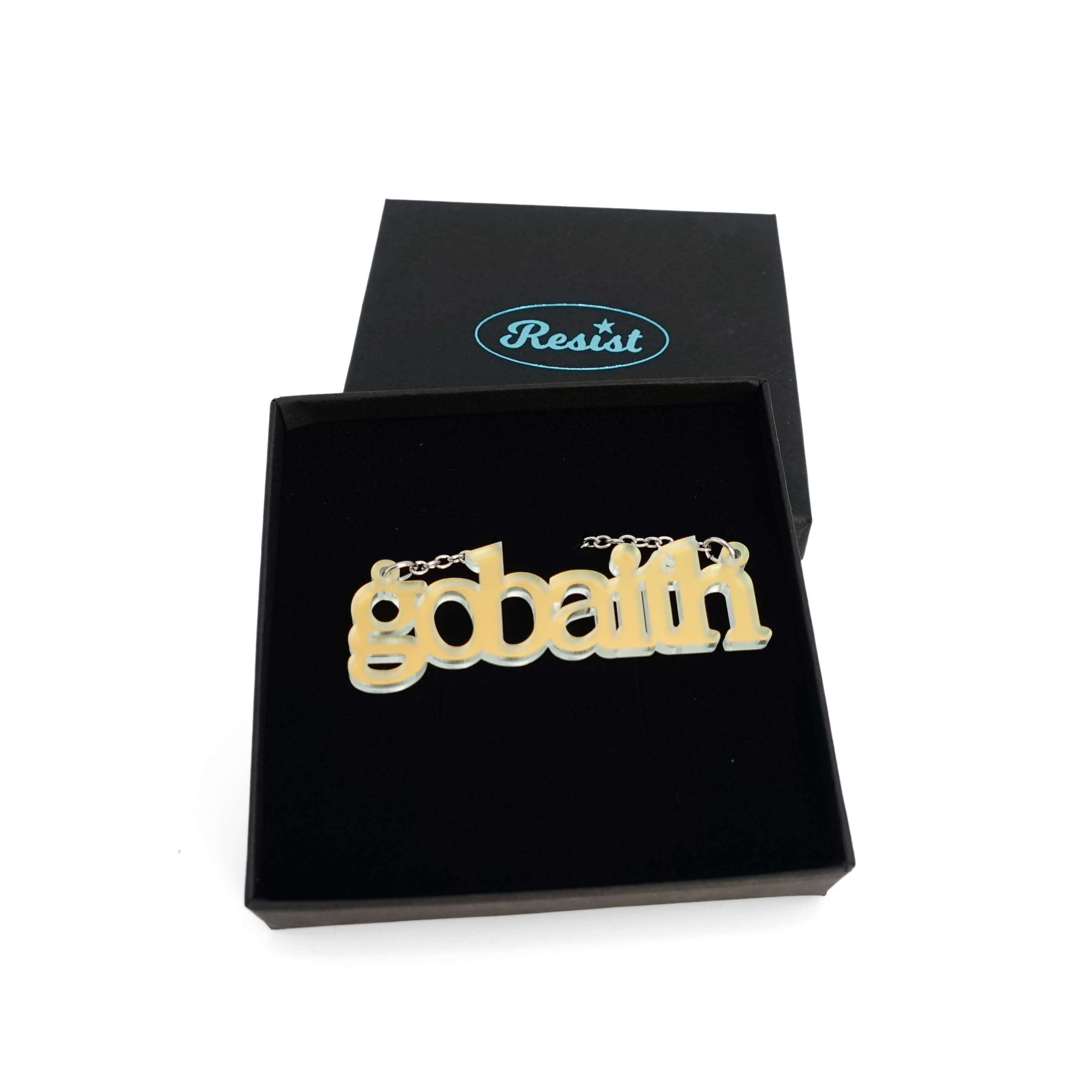 Gobaith Welsh hope necklace in matte iridescent, shown in a Wear & Resist gift box.