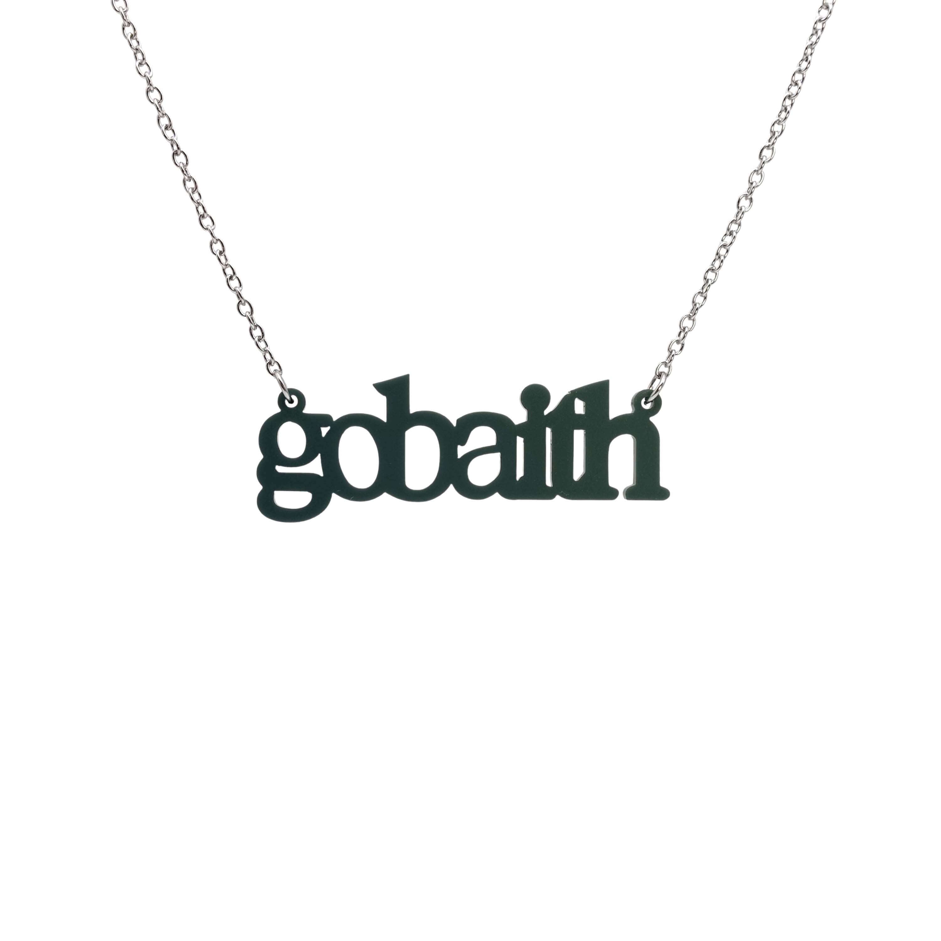 Gobaith Welsh hope necklace in matte moss shown hanging on a stainless steel chain.