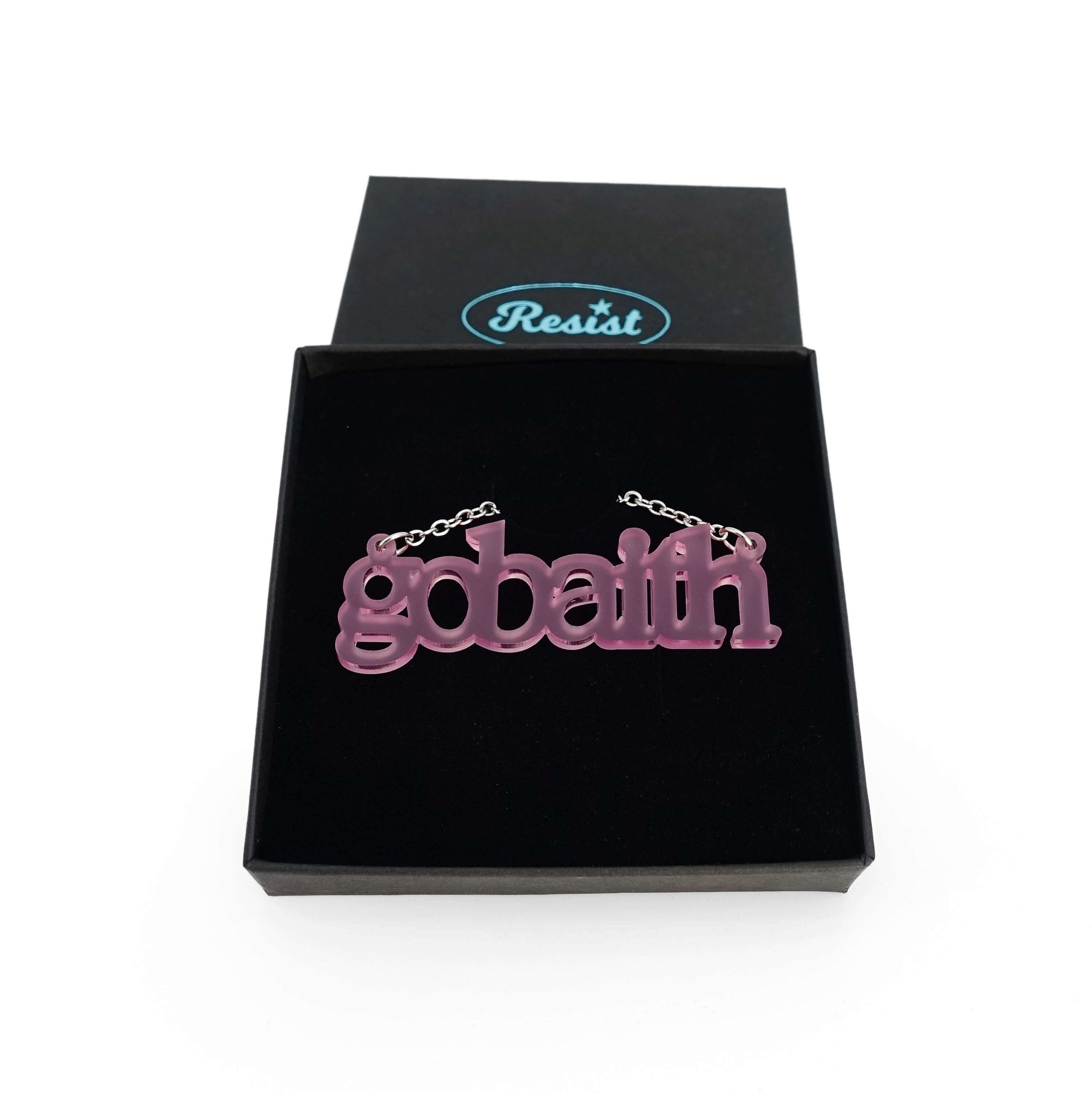 Gobaith Welsh hope necklace in pink frost, shown in a Wear & Resist gift box.