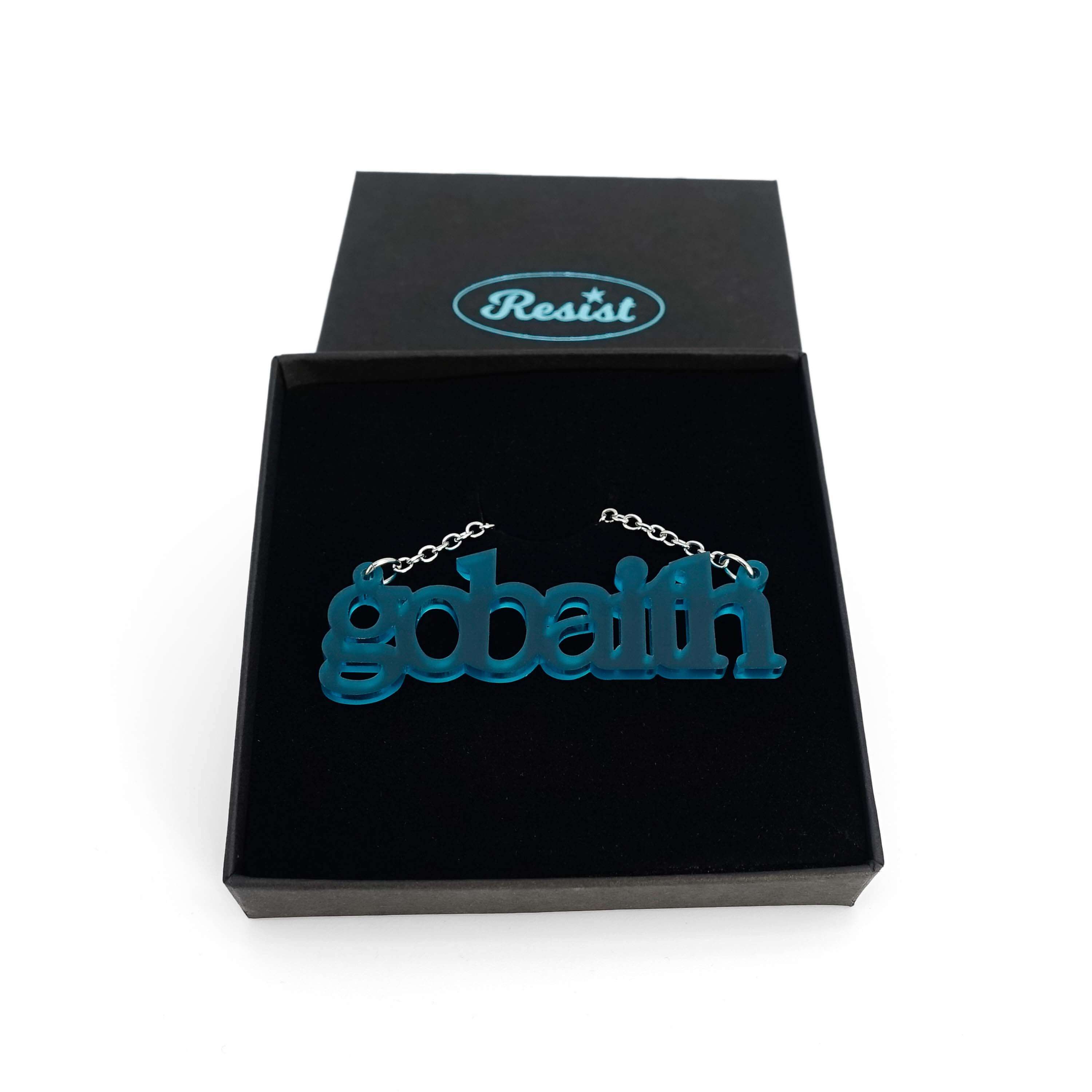 Gobaith Welsh hope necklace in teal frost shown in a Wear & Resist gift box.