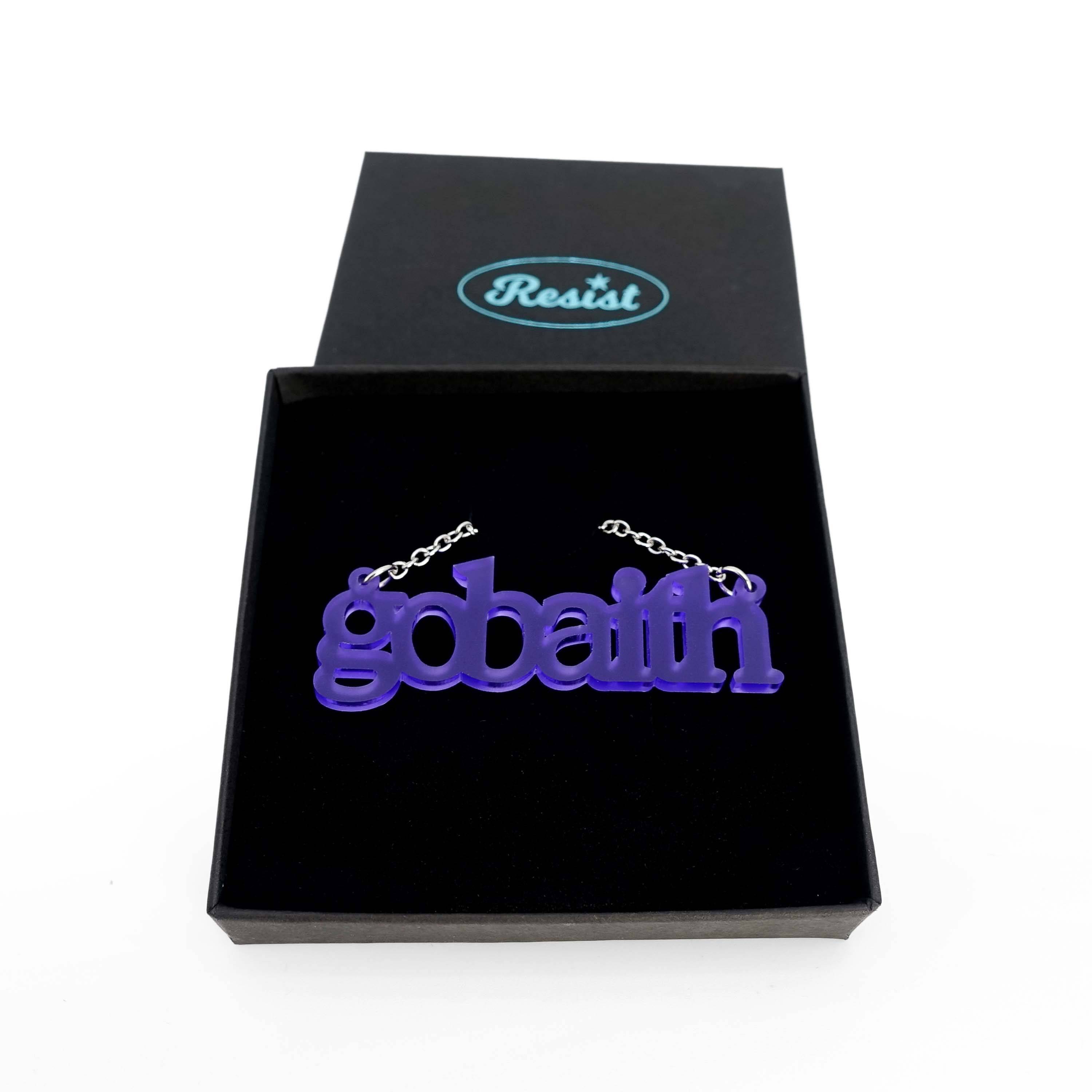 Gobaith Welsh hope necklace in violet frost, shown in a Wear & Resist gift box.