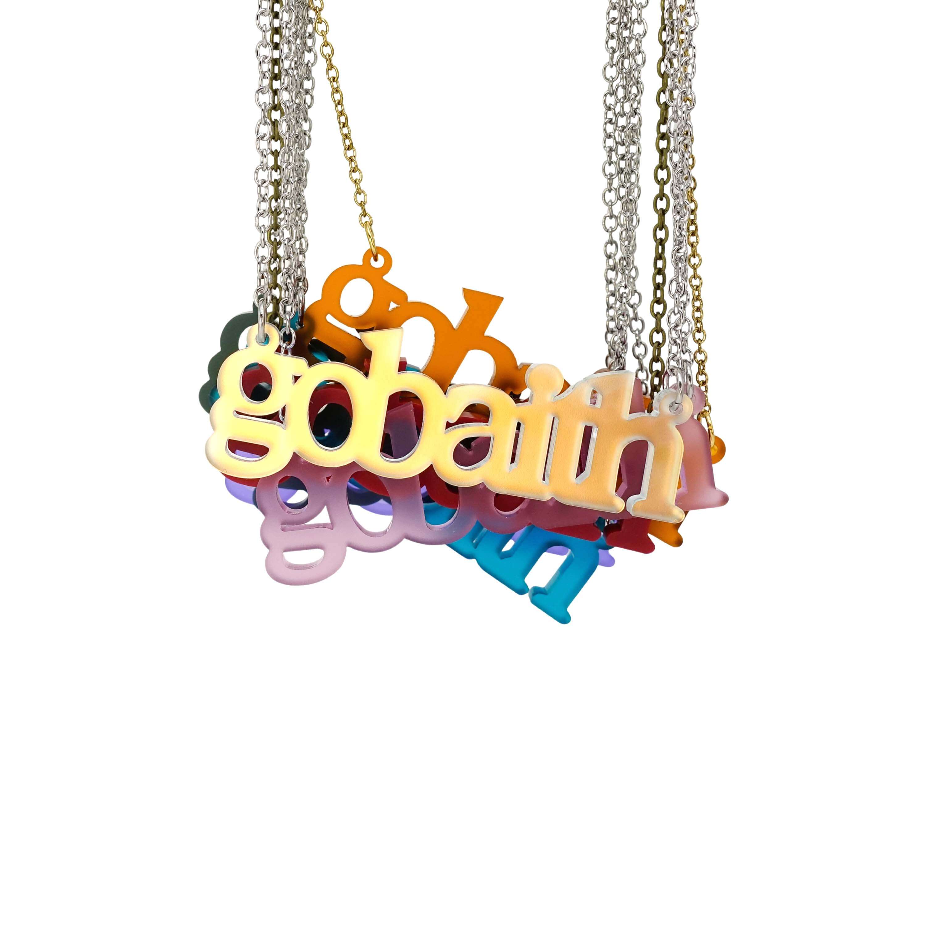 All the Gobaith Welsh hope necklaces shown hanging together with matte iridescent in front.