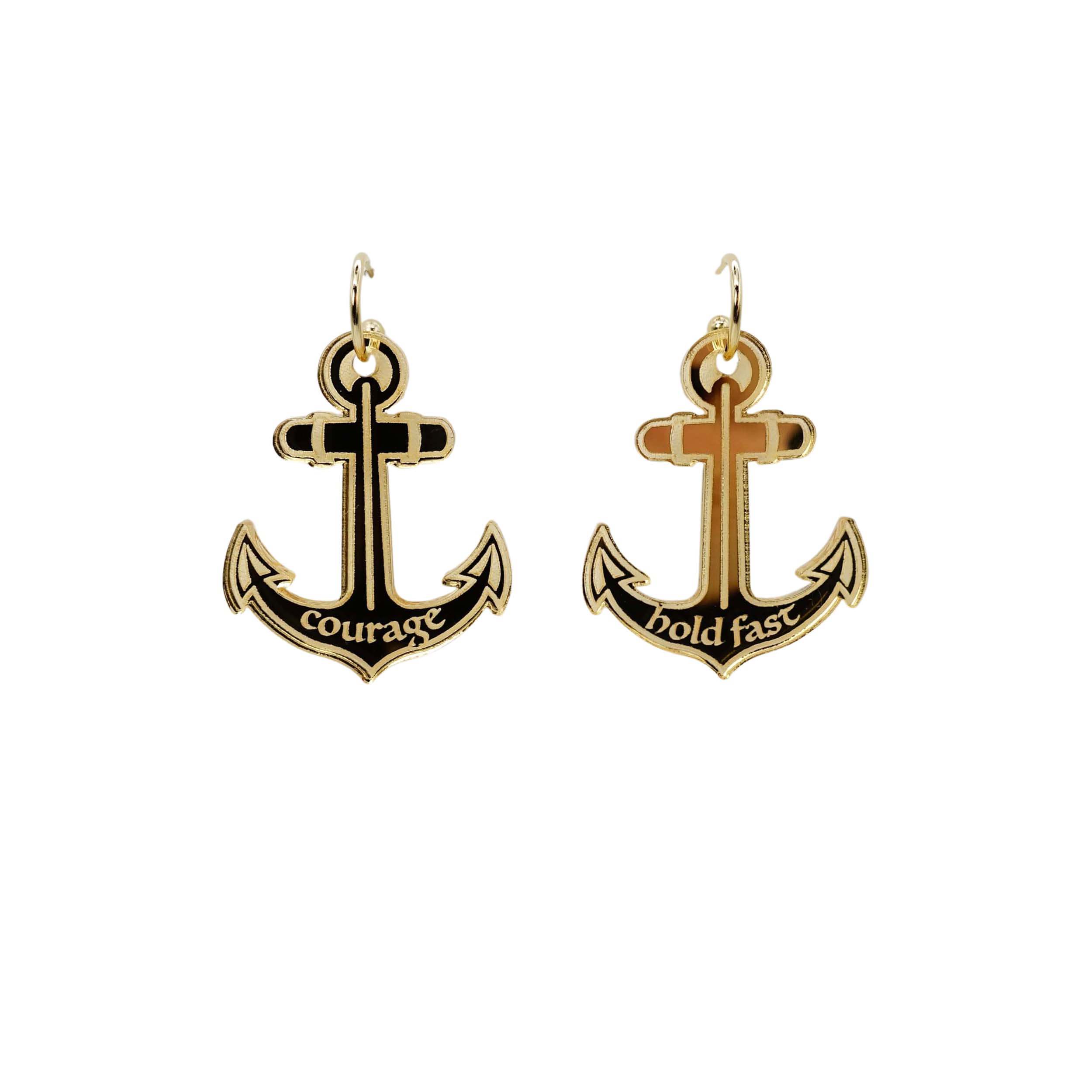 Courage and Hold Fast anchor hoop earrings in gold mirror. Designed by Sarah Day for Wear and Resist as part of The Courage Collection.