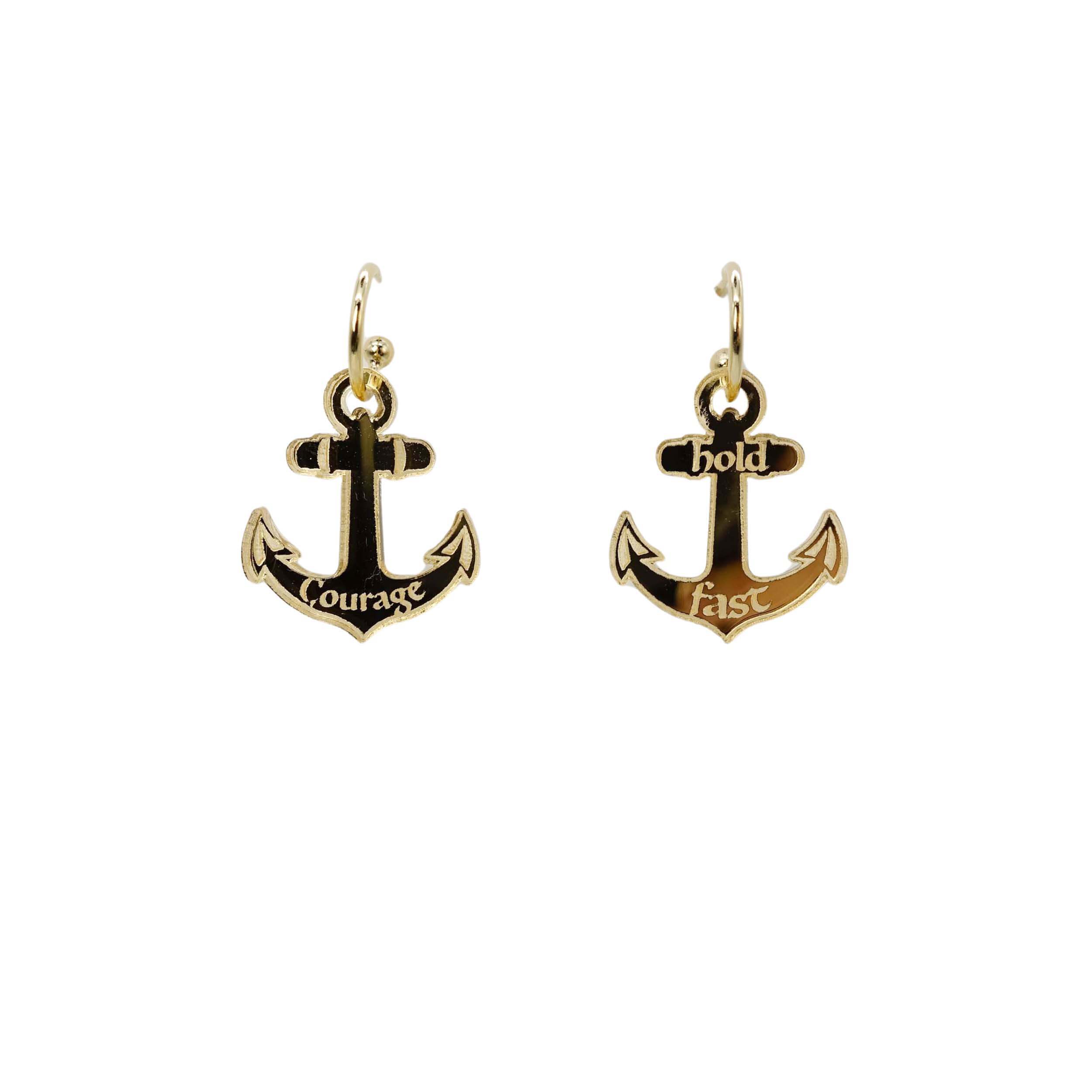 Gold mirror medium anchor hoop earrings, shown against a white background.