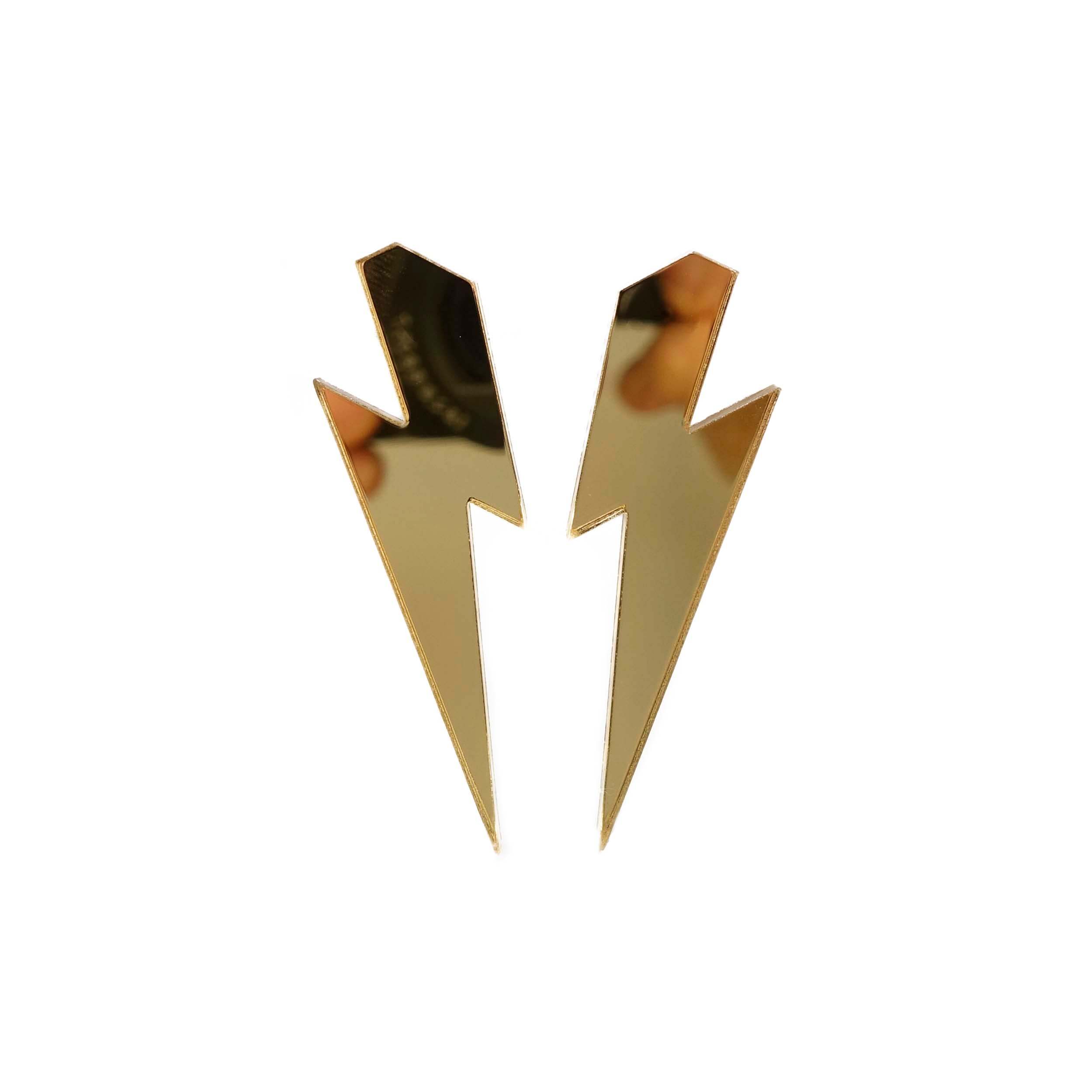 Large Lightning Bolt earrings in gold mirror, shown against a white background.