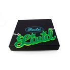 Livid necklace in neon lime shown on a Wear and Resist gift box.