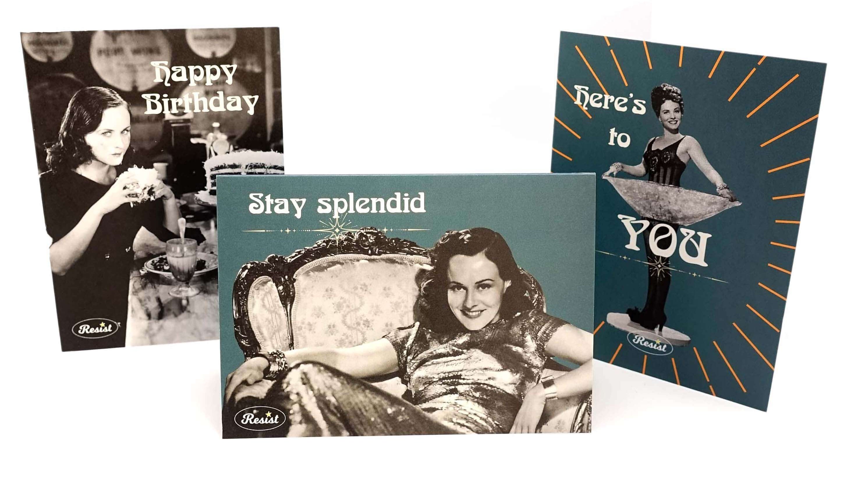 Three vintage-style greeting cards featuring a woman in different poses with text on a white background.