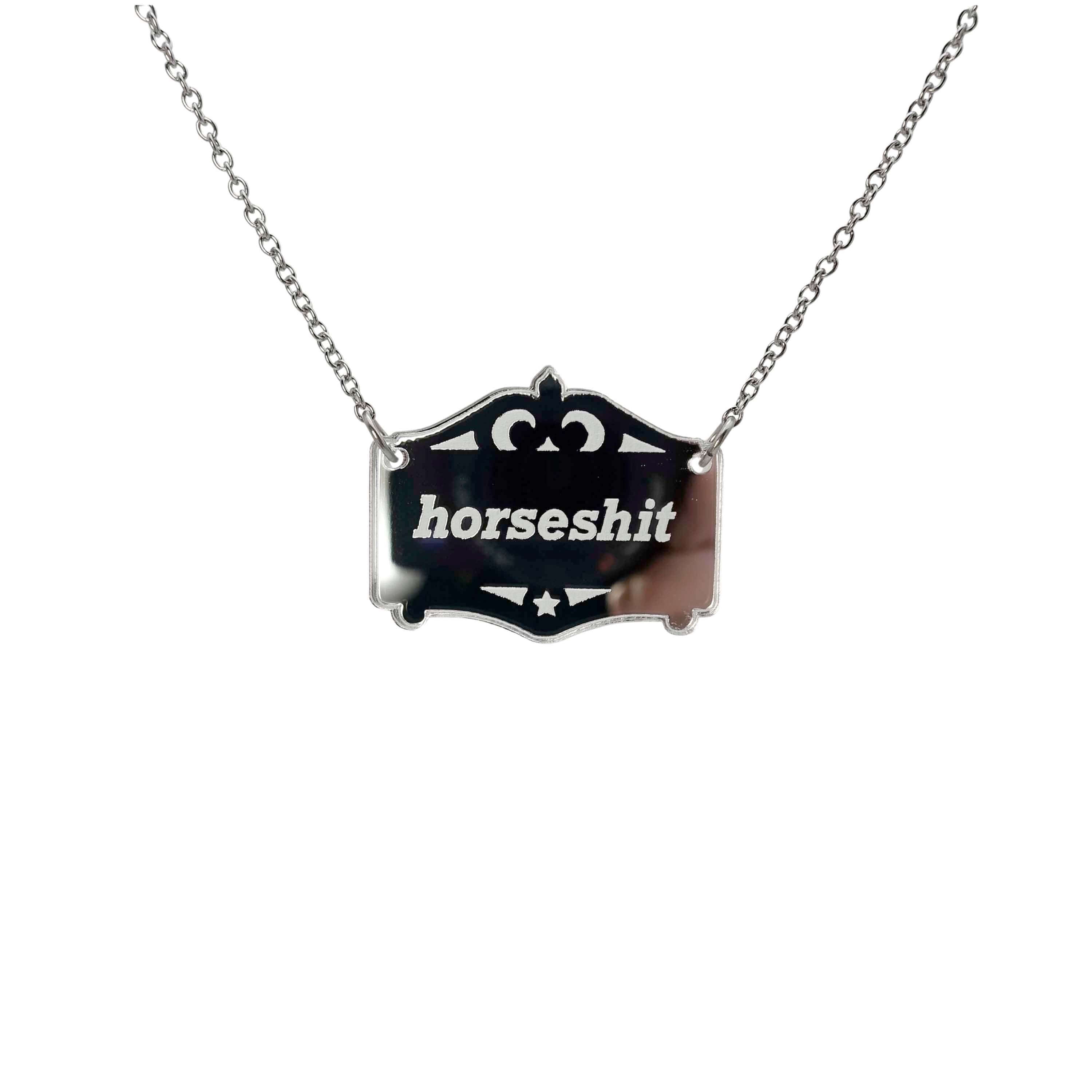 A silver Mirror Cowboy Horsesh*t necklace, shown hanging on a stainless steel chain.