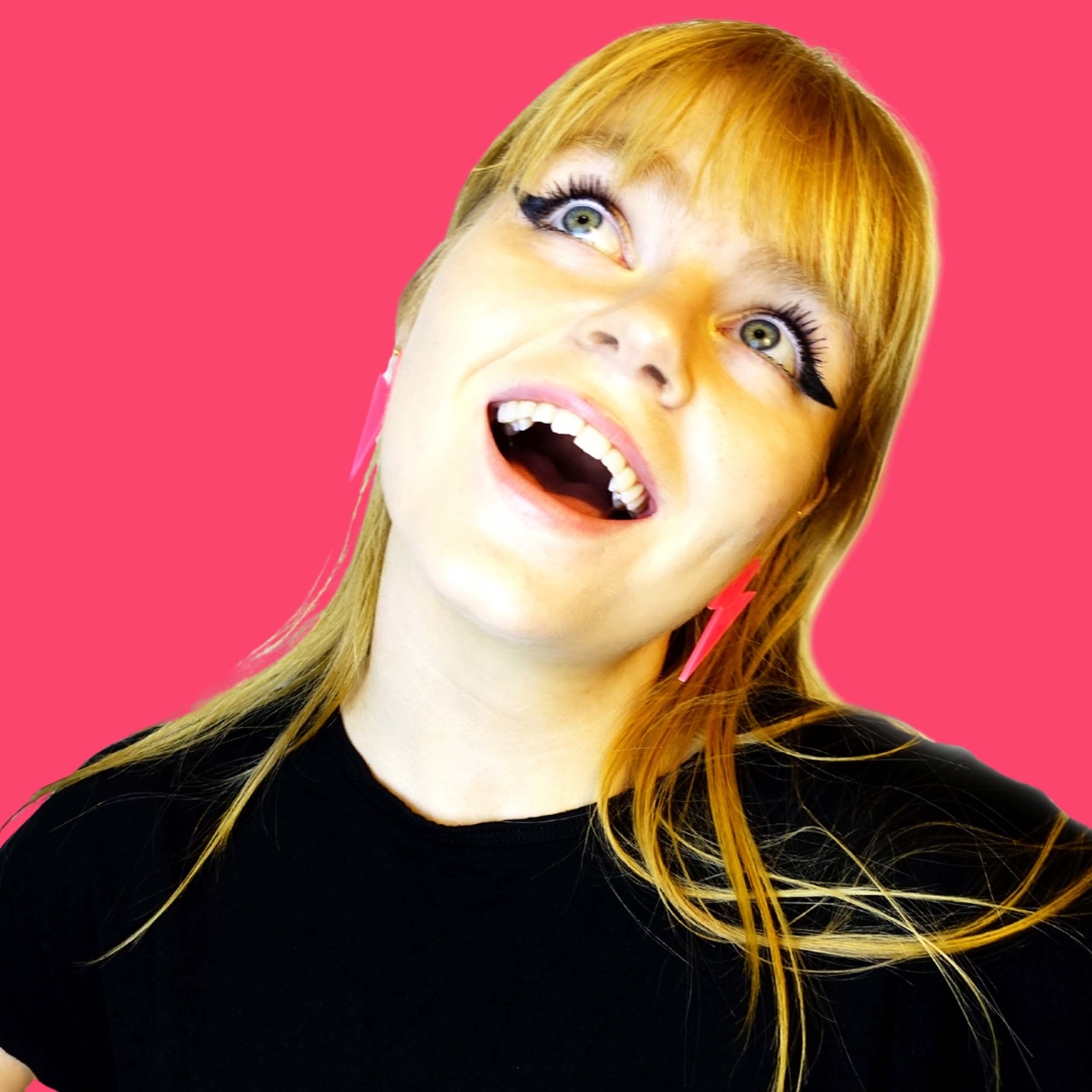Eliza wears large Lightning Bolt earrings in hot pink.
