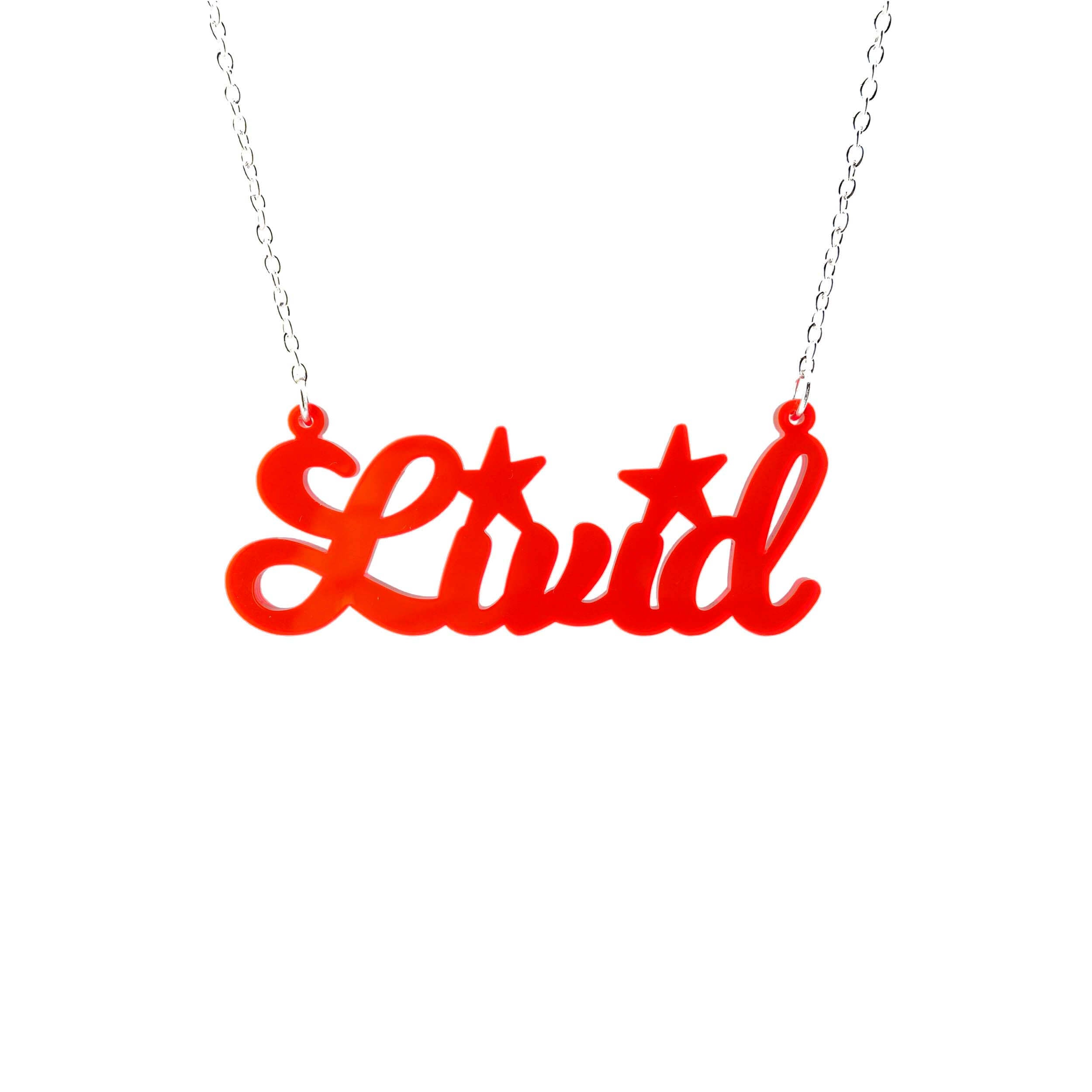 Livid necklace in hot red, shown hanging against a white background.