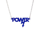 Mini power necklace in indigo frost shown hanging on a silver chain against a white background. Designed in collaboration with Mary Beard for her book Women and Power.