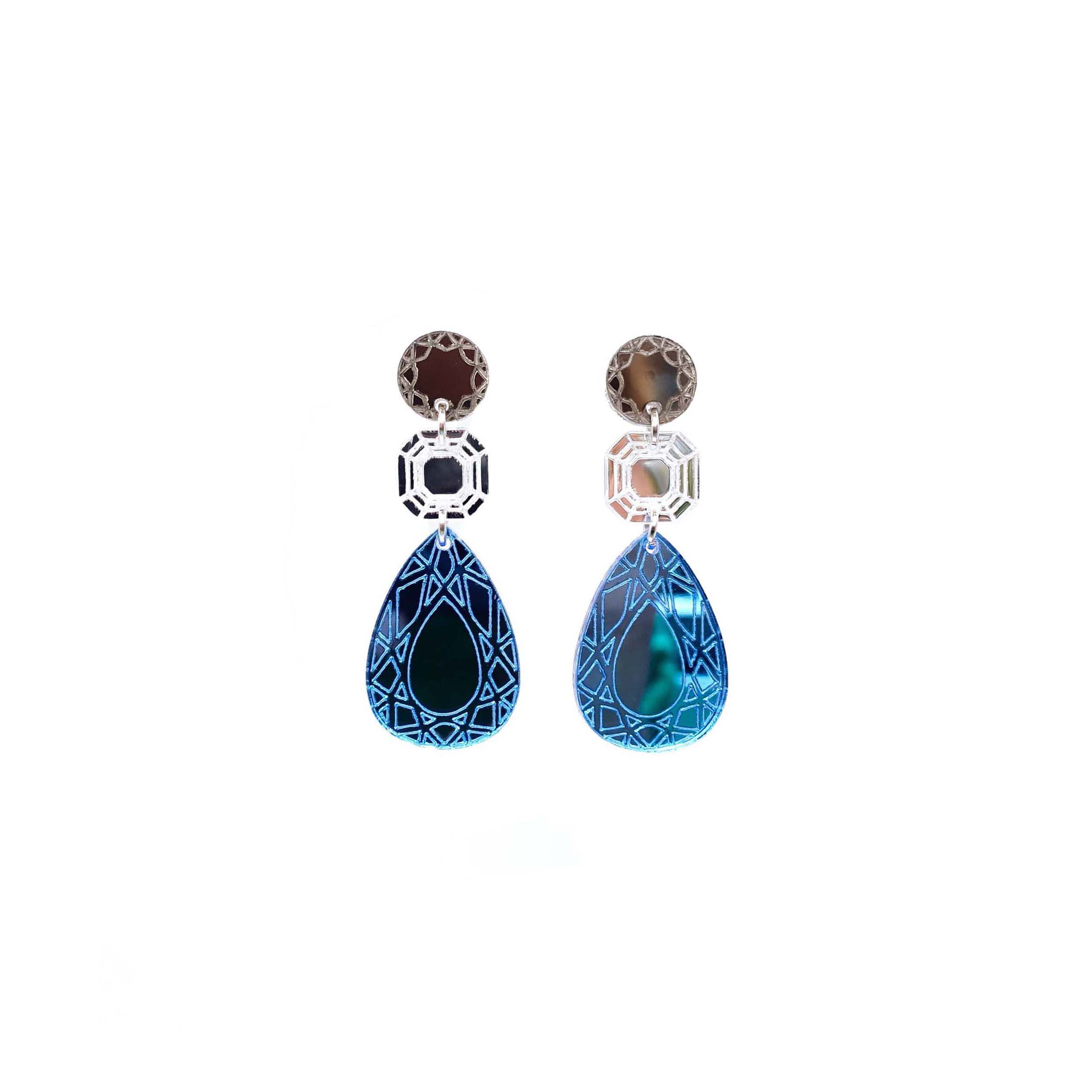 Large Belle Époque Jewel drop earrings in Cool Sky: sky blue, silver and bronze colours. Moulin Rouge here we come!