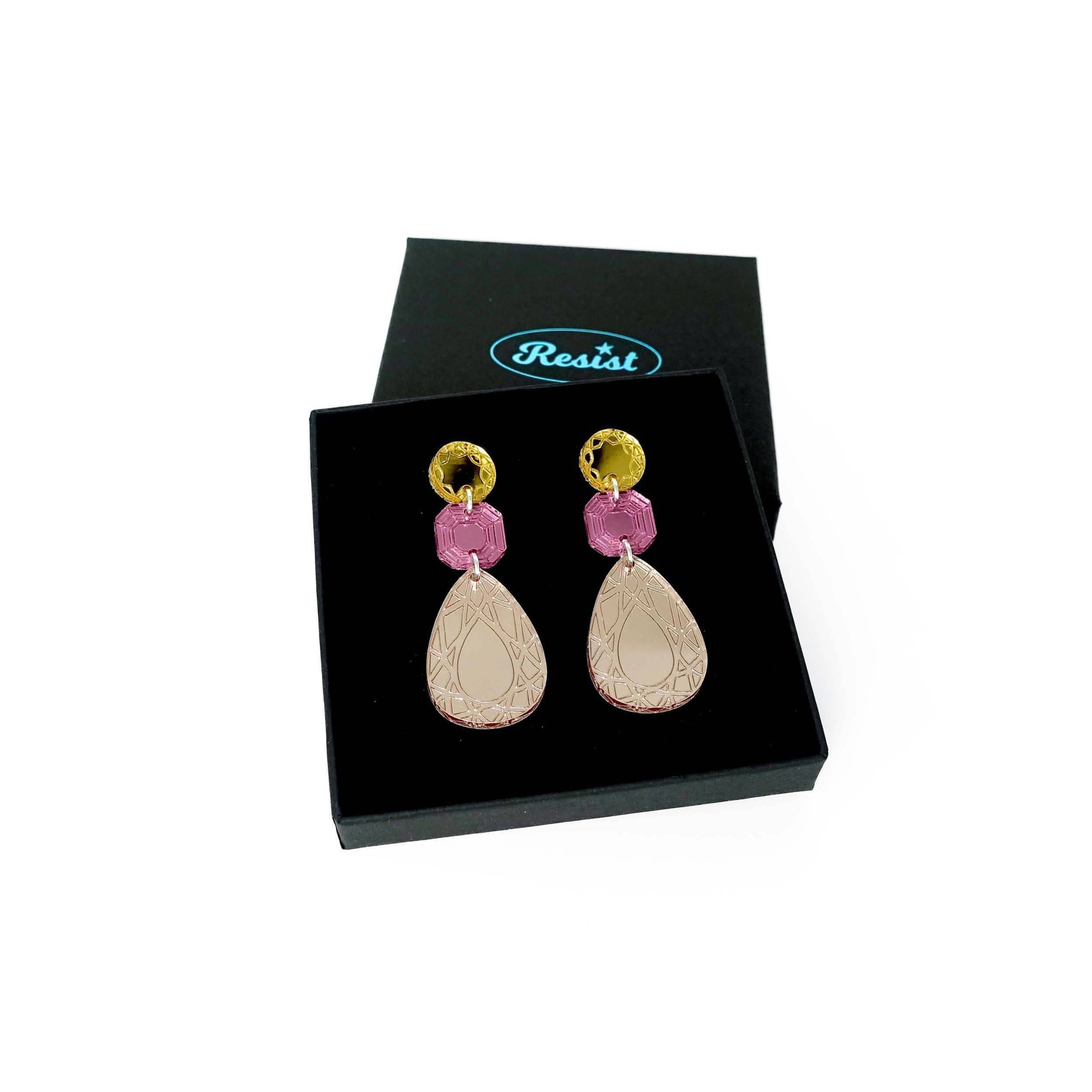Large Belle Époque Jewel drop earrings in Rosey Gold: rose gold, pink and gold. Shown in a Wear and Resist gift box.  