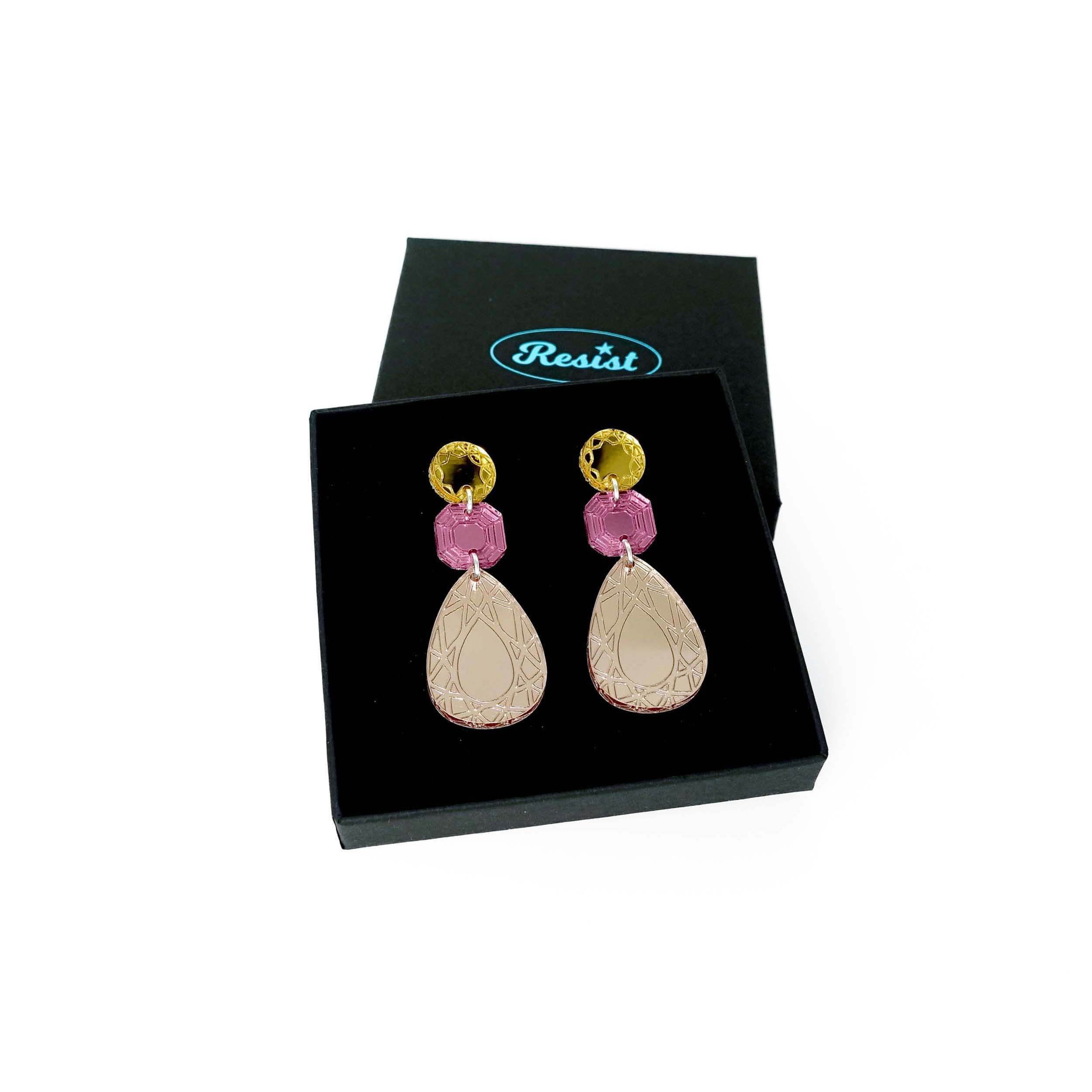 Large Belle Époque Jewel drop earrings in Rosey Gold: rose gold, pink and gold. Shown in a Wear and Resist gift box.