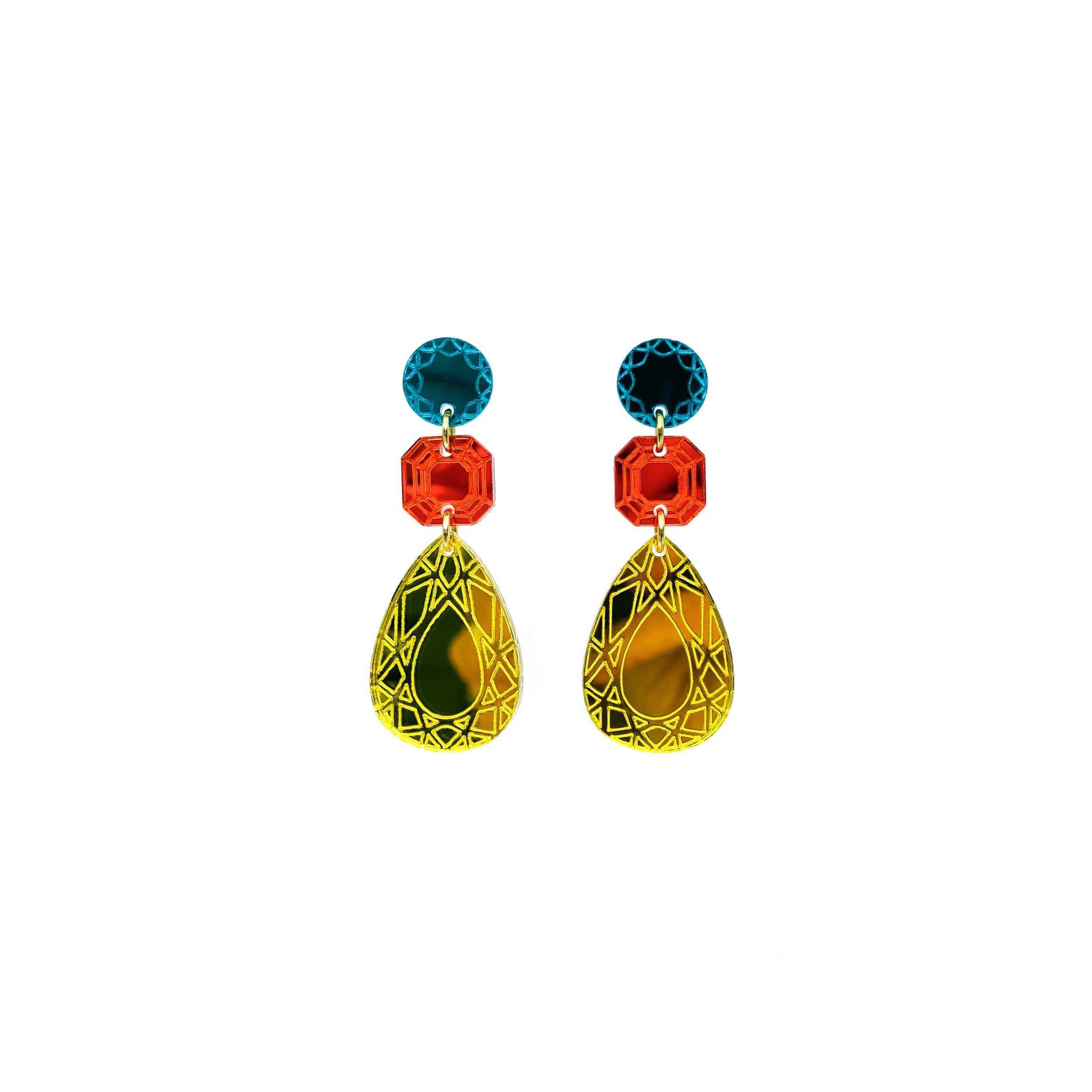 Belle Époque Jewel drop earrings in Flame Mambo: yellow, flame and teal colours. Designed by Sarah Day as part of the Austerity Jewels collection for Wear and Resist. We can all be royal. 