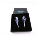 Medium Lightning Bolt earrings in slate mirror, shown in a Wear and Resist gift box.