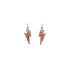 Lightning bolt hoop earrings in pink fizz glitter on silver-plated hoops, shown hanging against a white background.