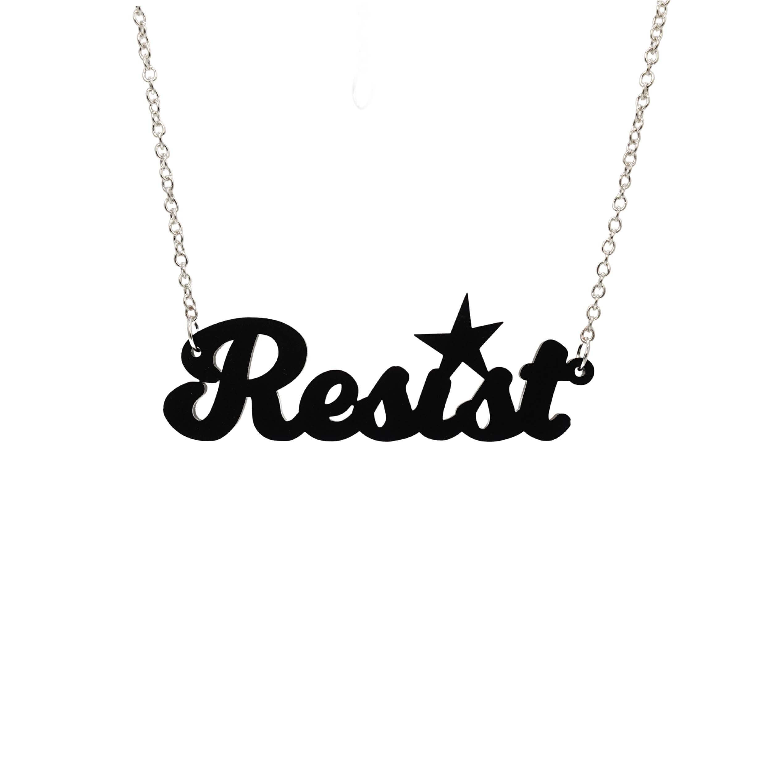 A 'Resist' necklace in matte black shown hanging against a white background.