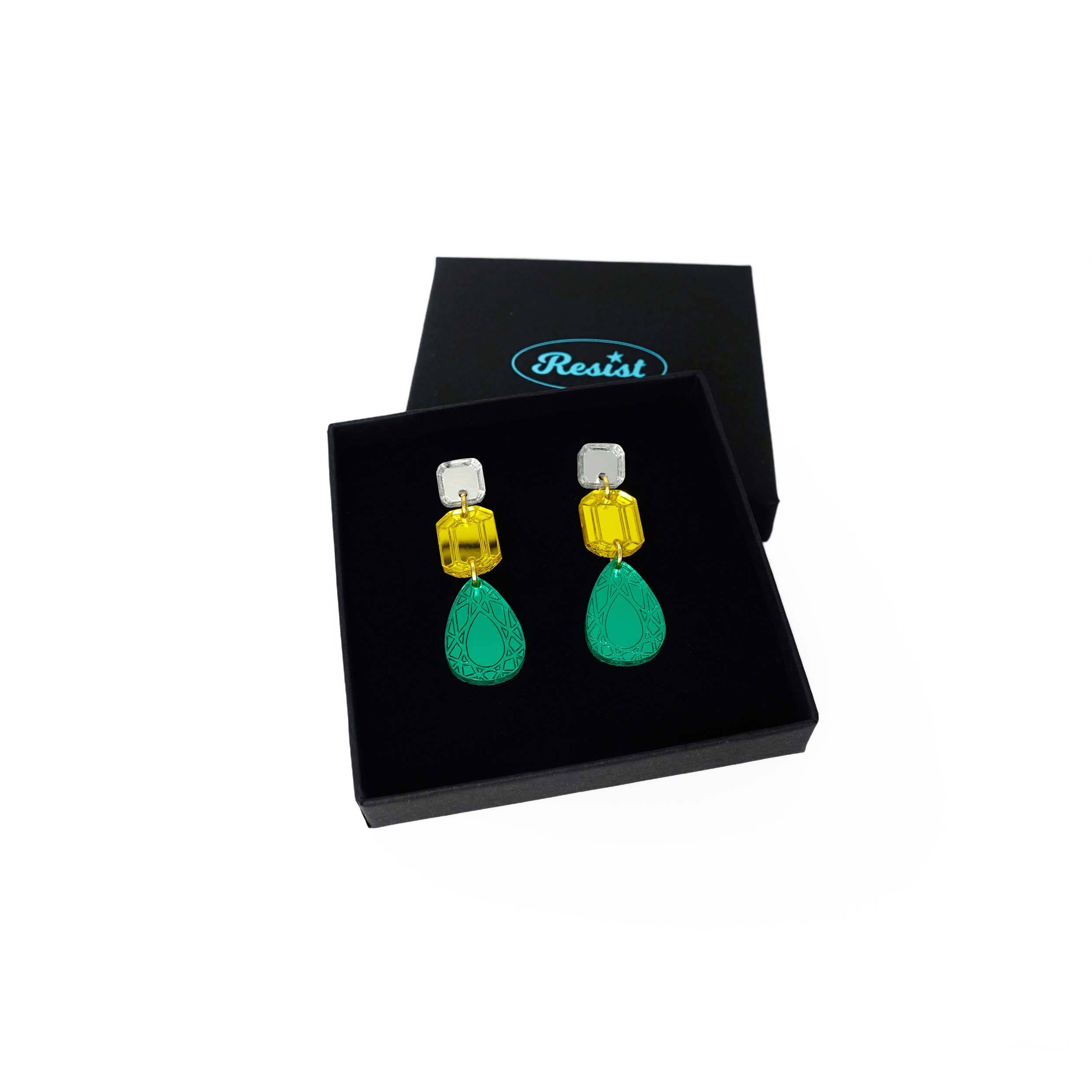 Medium Belle Epoque jewel earrings in electric green and yellow shown in a Wear and Resist gift box.