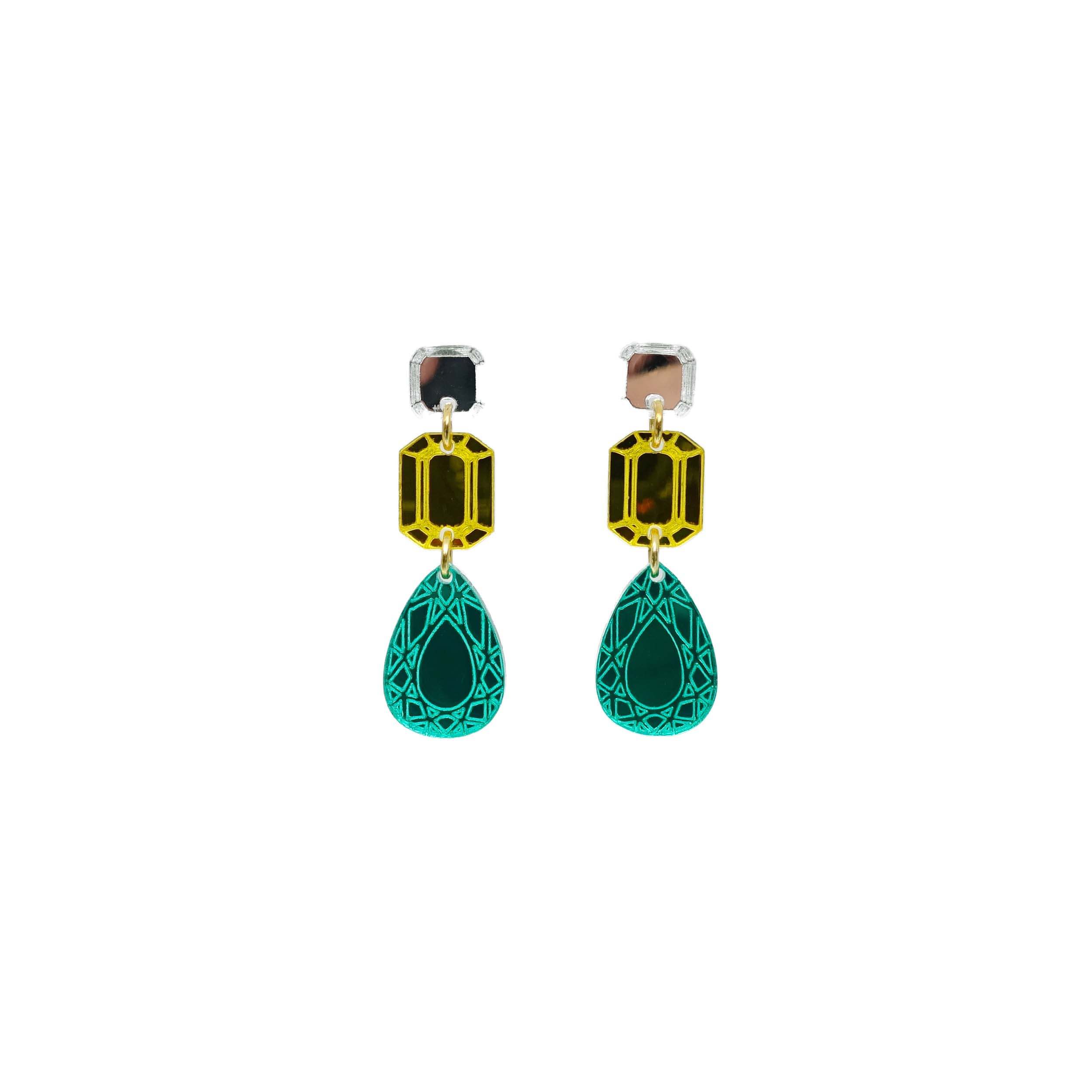 Medium Belle Epoque jewel earrings in electric green and yellow, shown hanging against a white background.