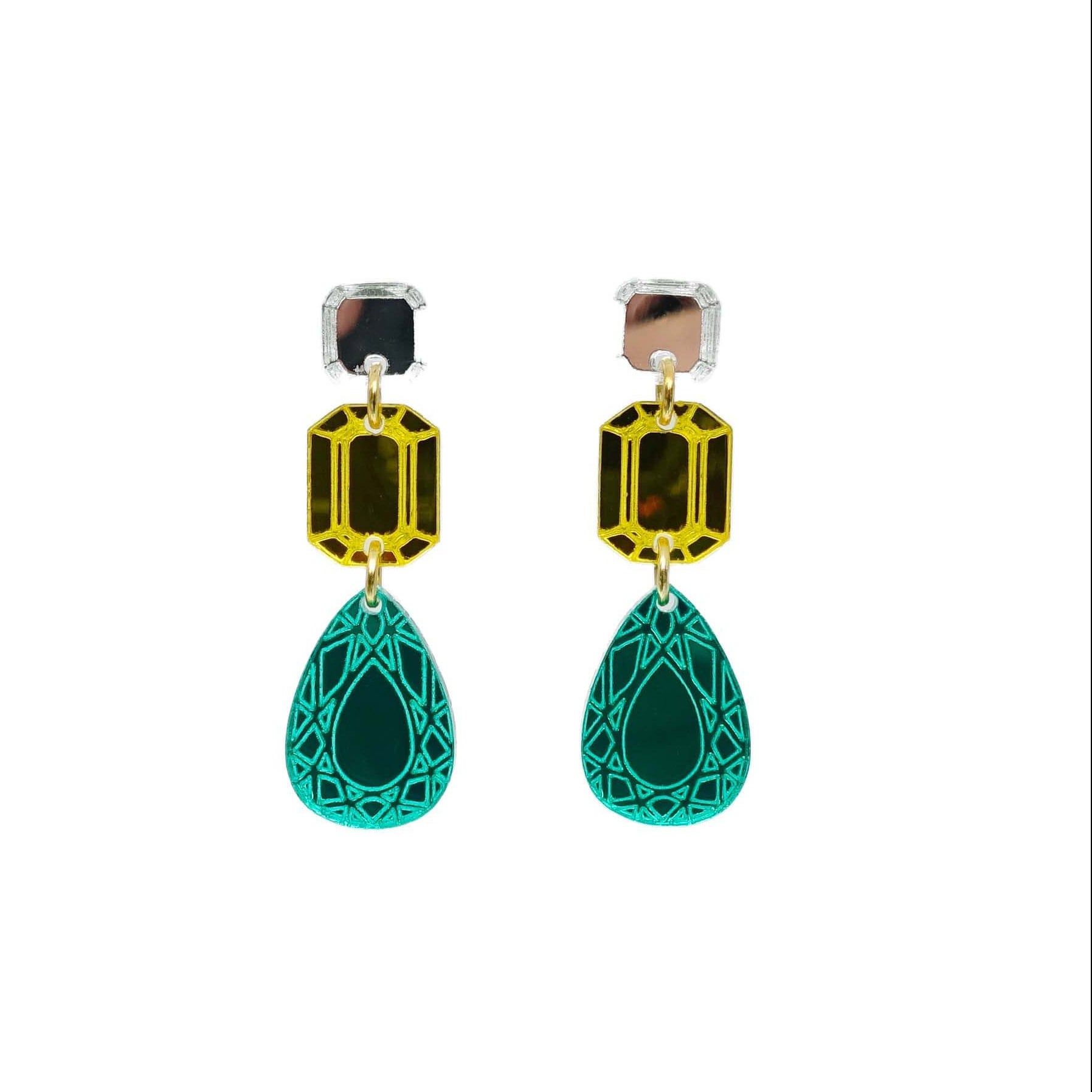 Medium Belle Epoque jewel earrings in electric green and yellow, shown hanging against a white background.