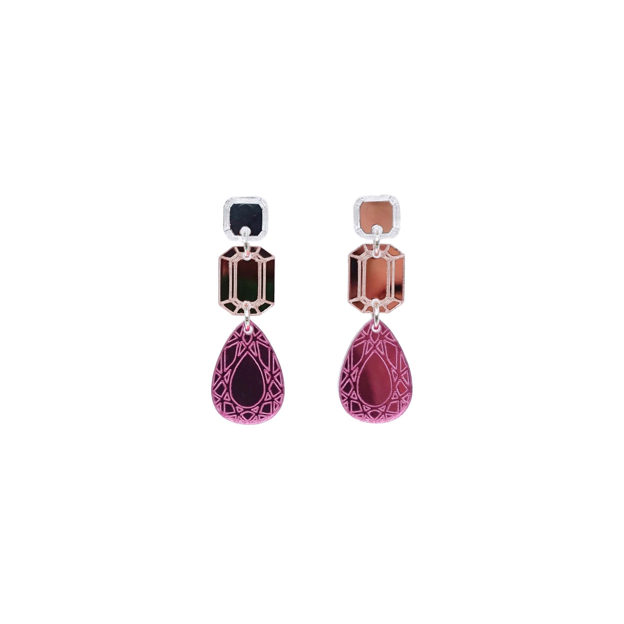 Medium jewel drop earrings in silver, rose gold and pink, shown hanging against a white background.