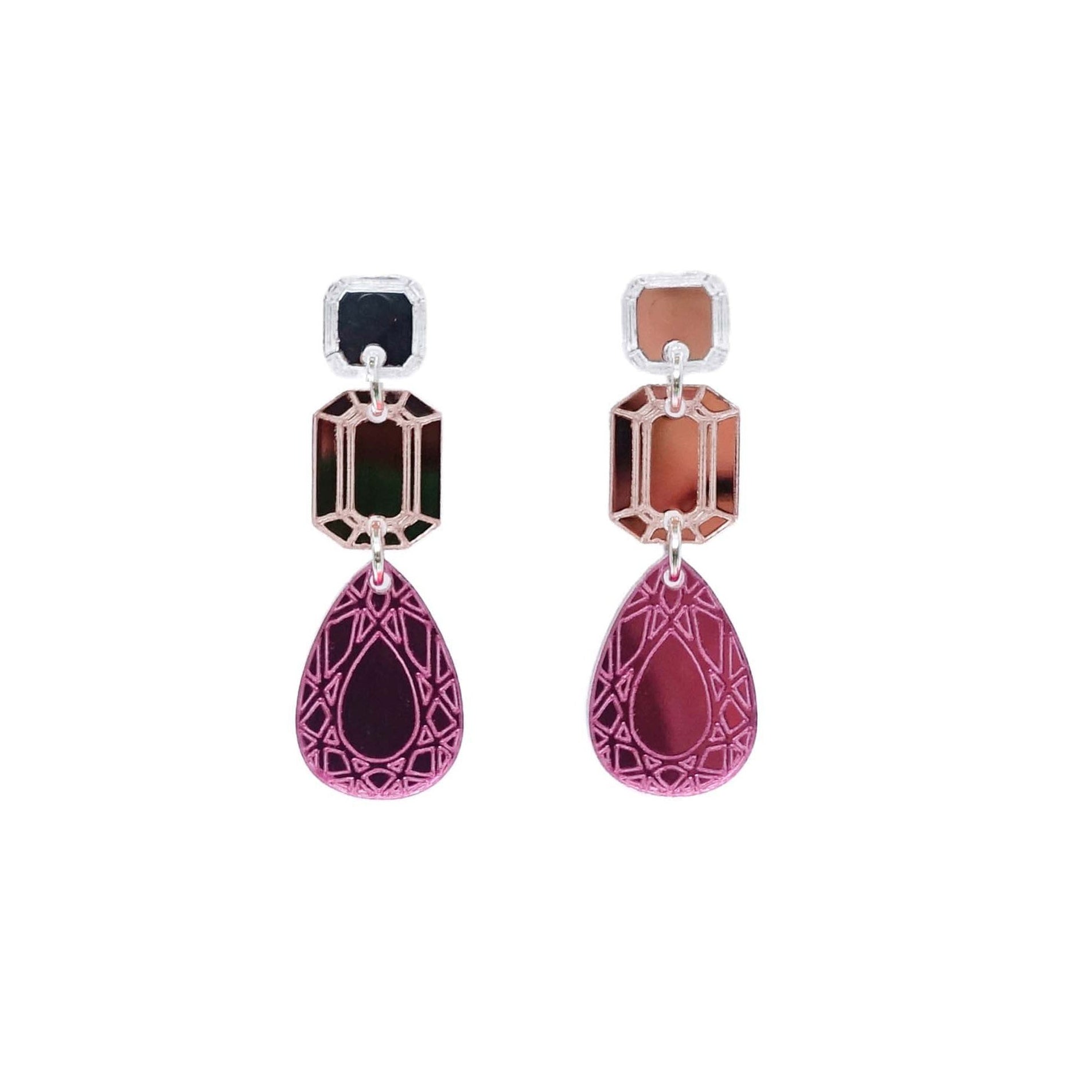 Medium jewel drop earrings in silver, rose gold and pink, shown hanging against a white background.